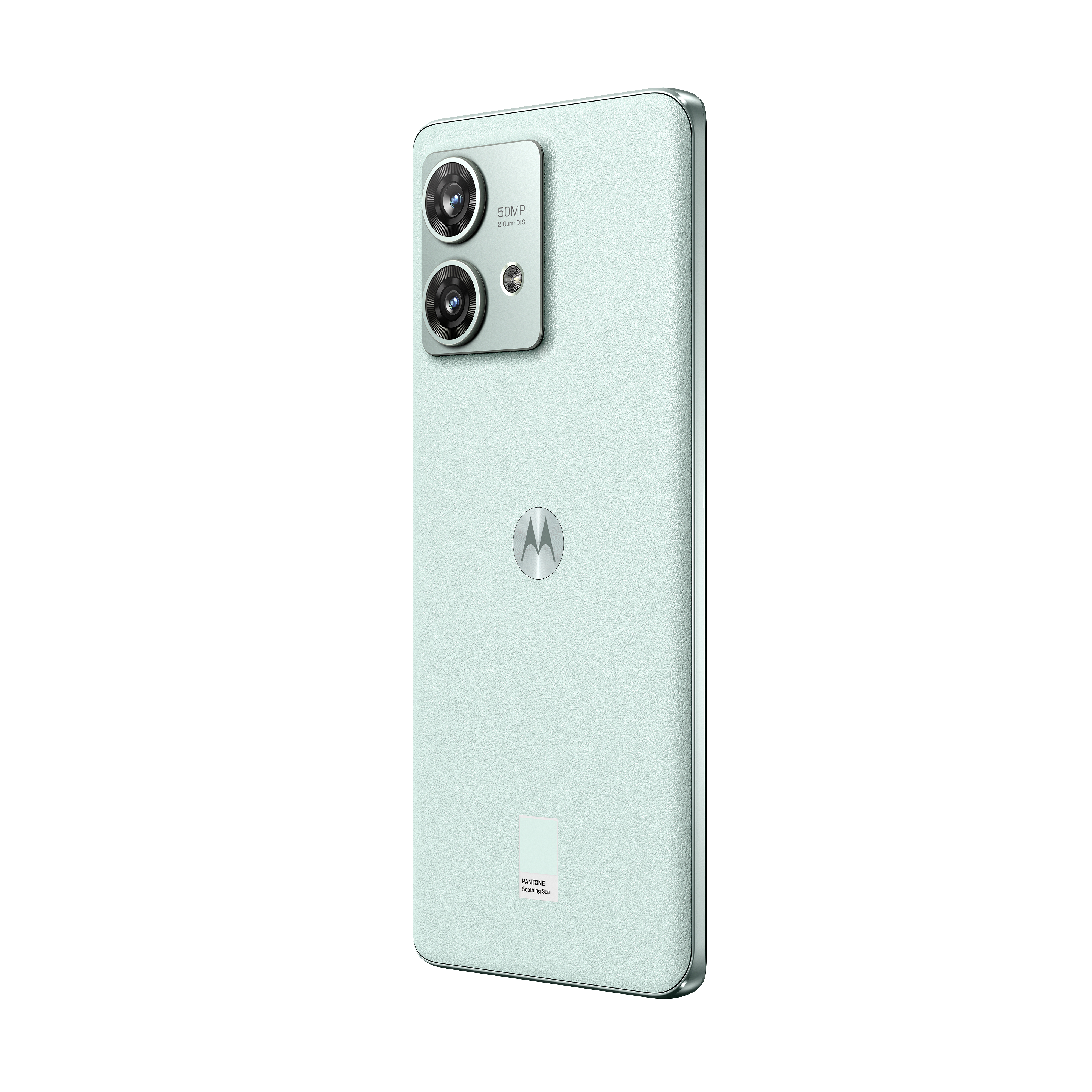 Ein hellgrünes Telefon mit Dual-Kamera und Motorola-Logo auf der Rückseite.