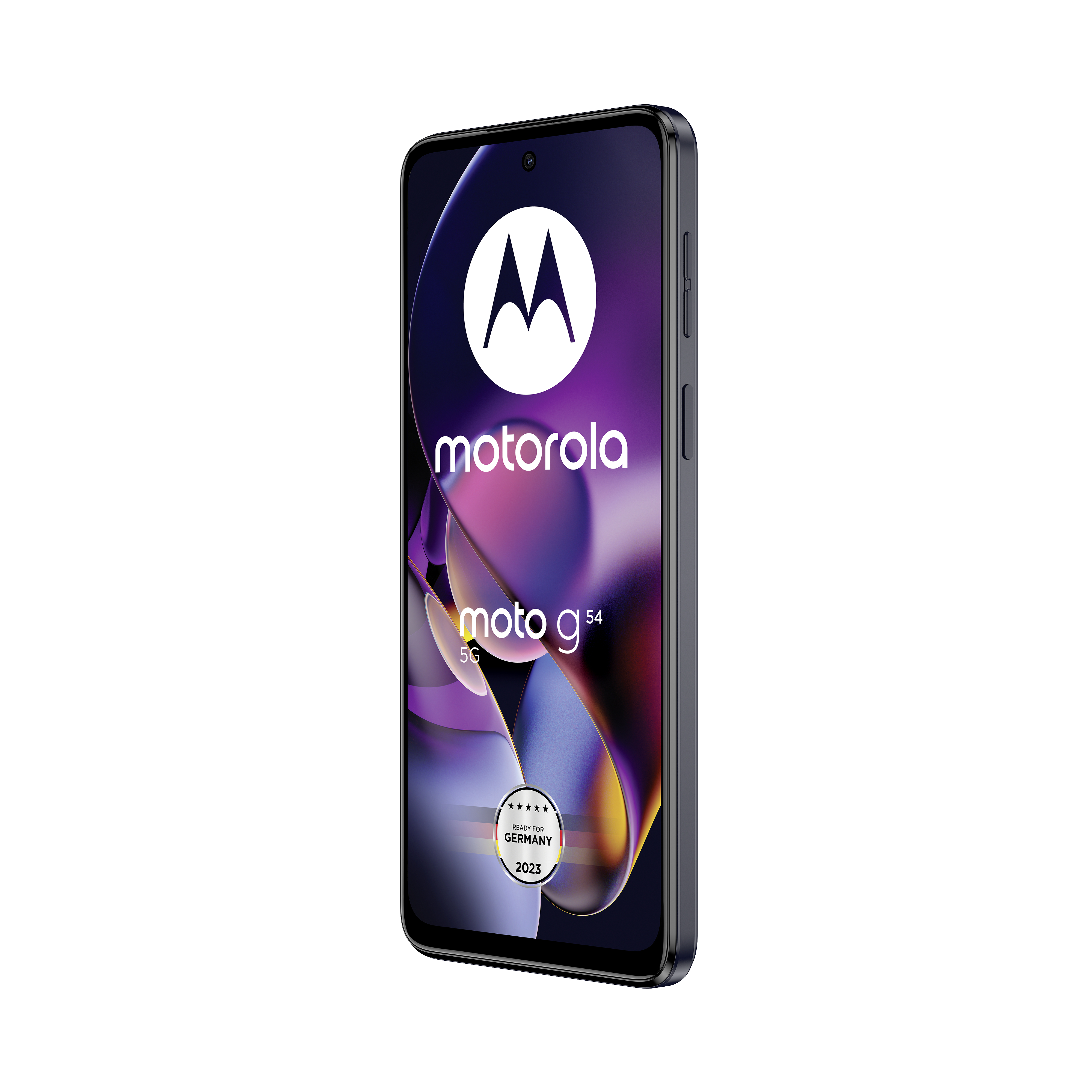 Ein schwarzes Motorola-Telefon, das Display zeigend, mit prominentem Motorola-Logo.