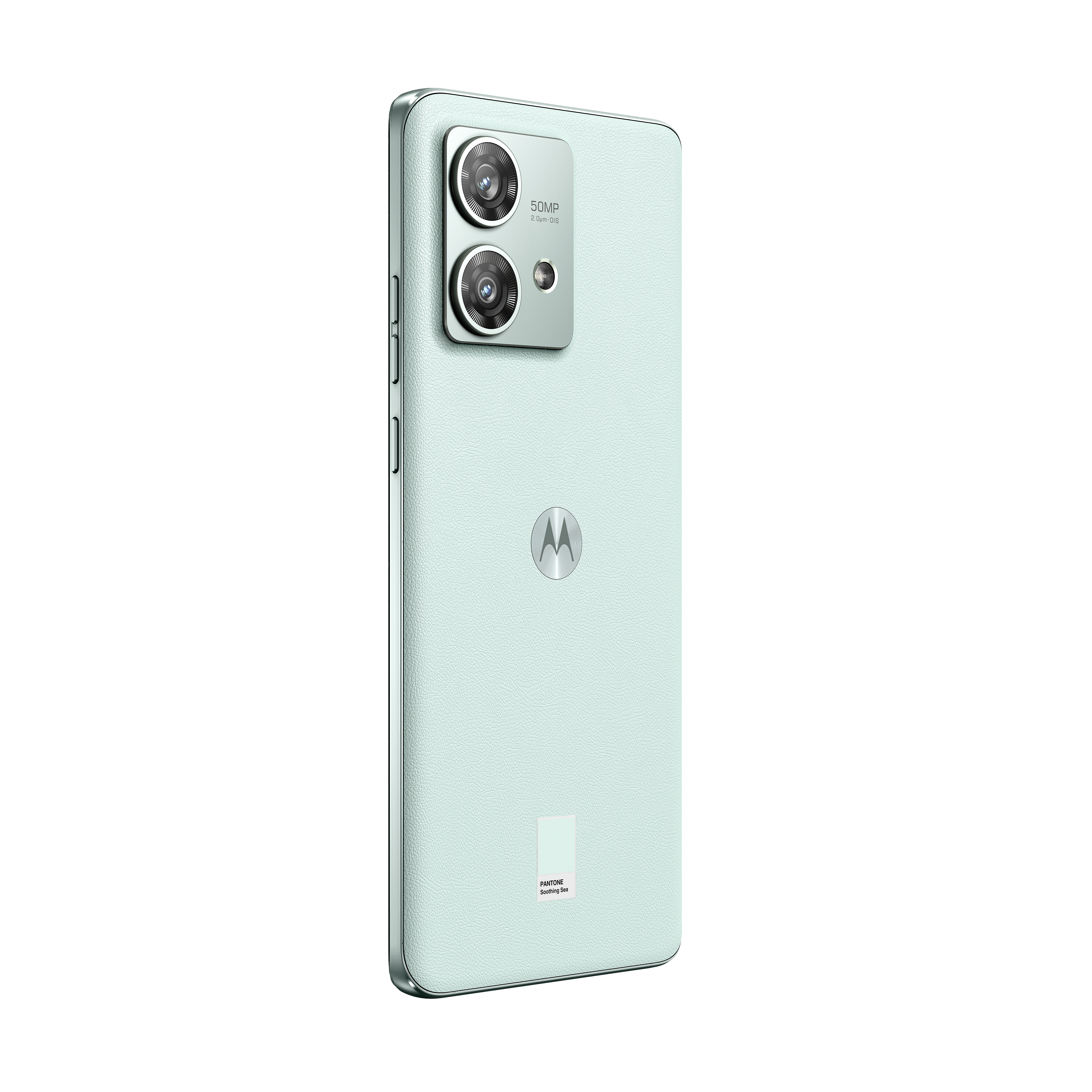 Rückseite eines mintgrünen Telefons mit Doppelkameralinsen, Logo und Pantone-Farbetikett, weißer Hintergrund.