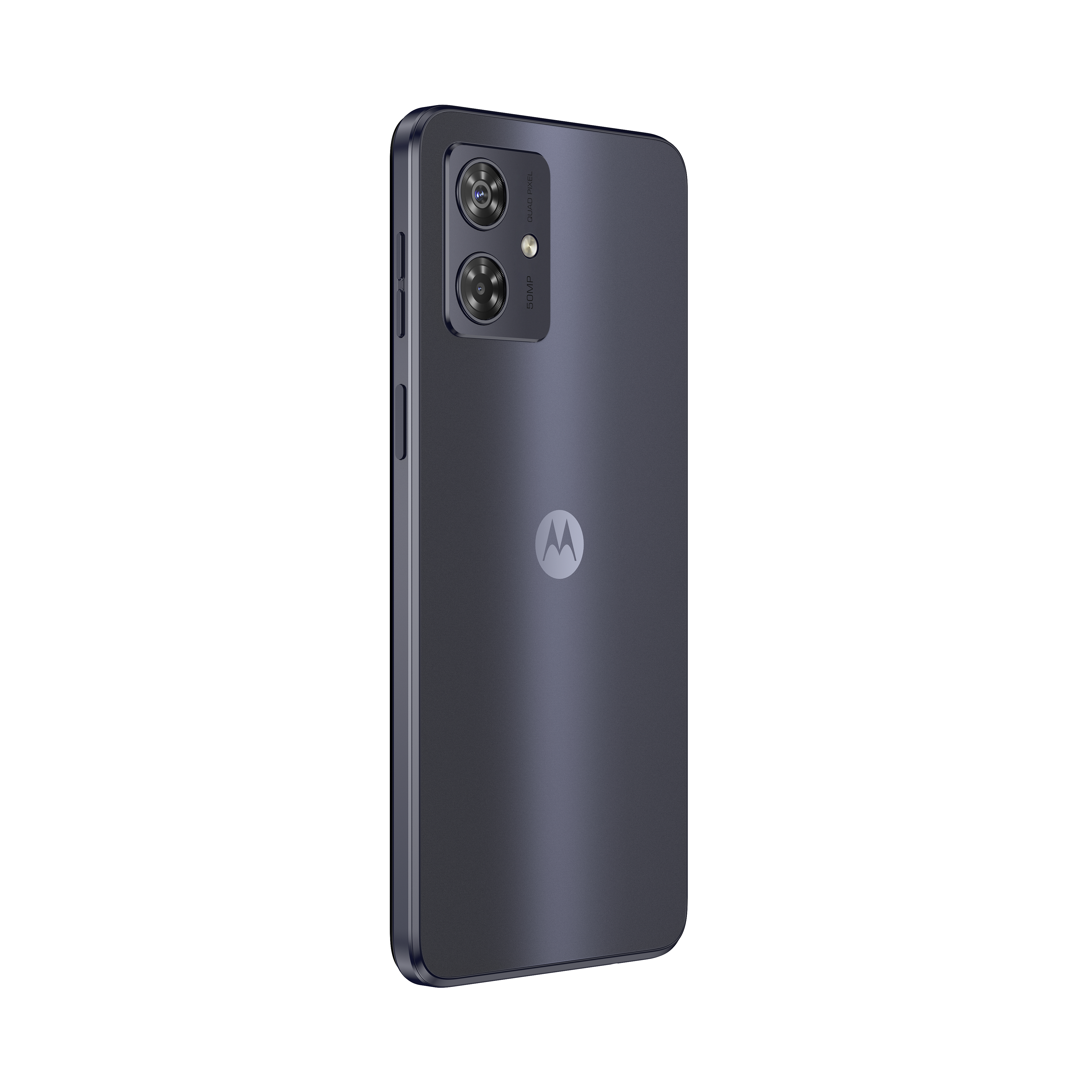 Die Rückseite eines dunkelvioletten Smartphones, mit zwei Kameralinsen und dem Motorola-Logo.