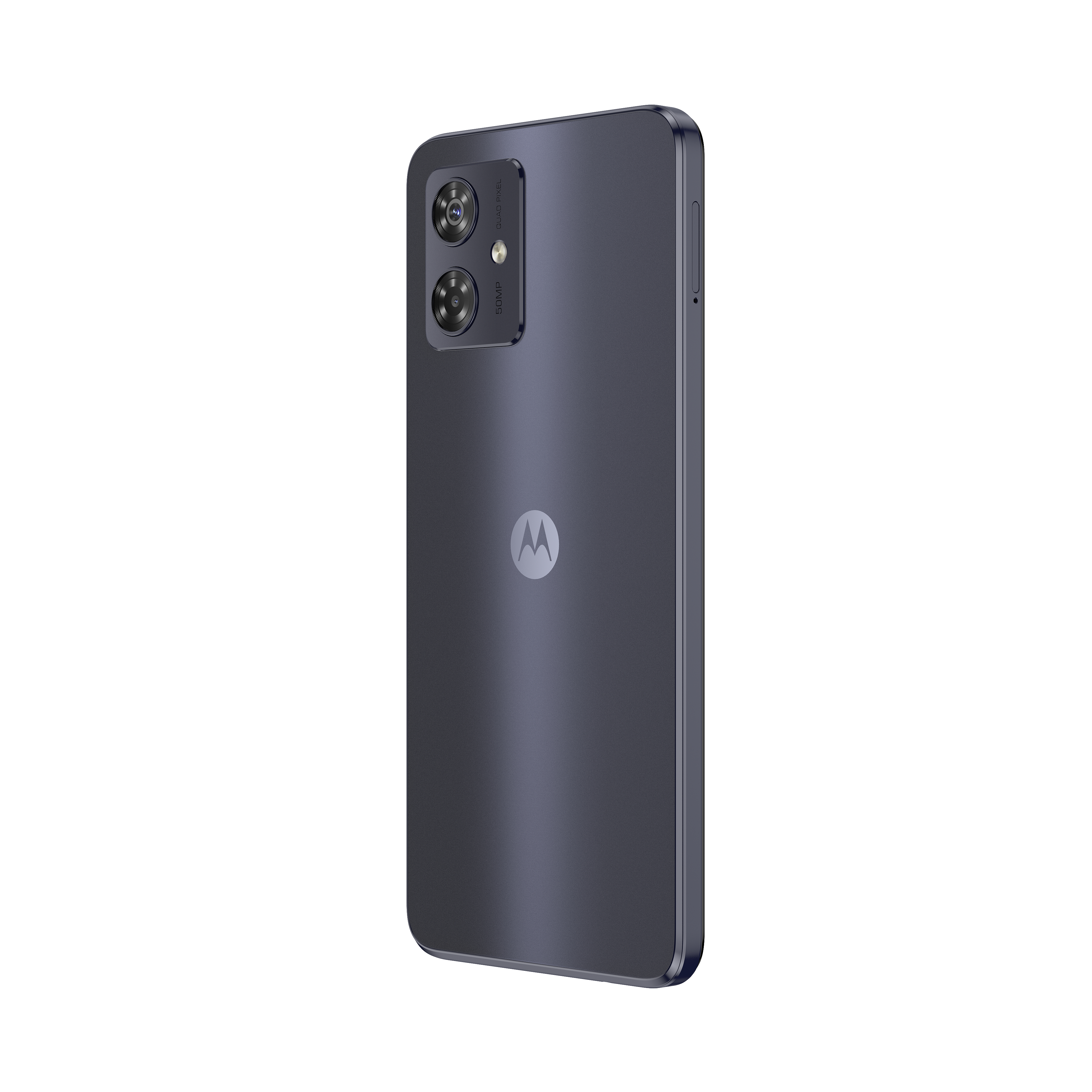 Ein Motorola-Telefon, dunkelblau, wird in einem Winkel gezeigt. Die Rückseite hat eine Kamera und ein Logo.