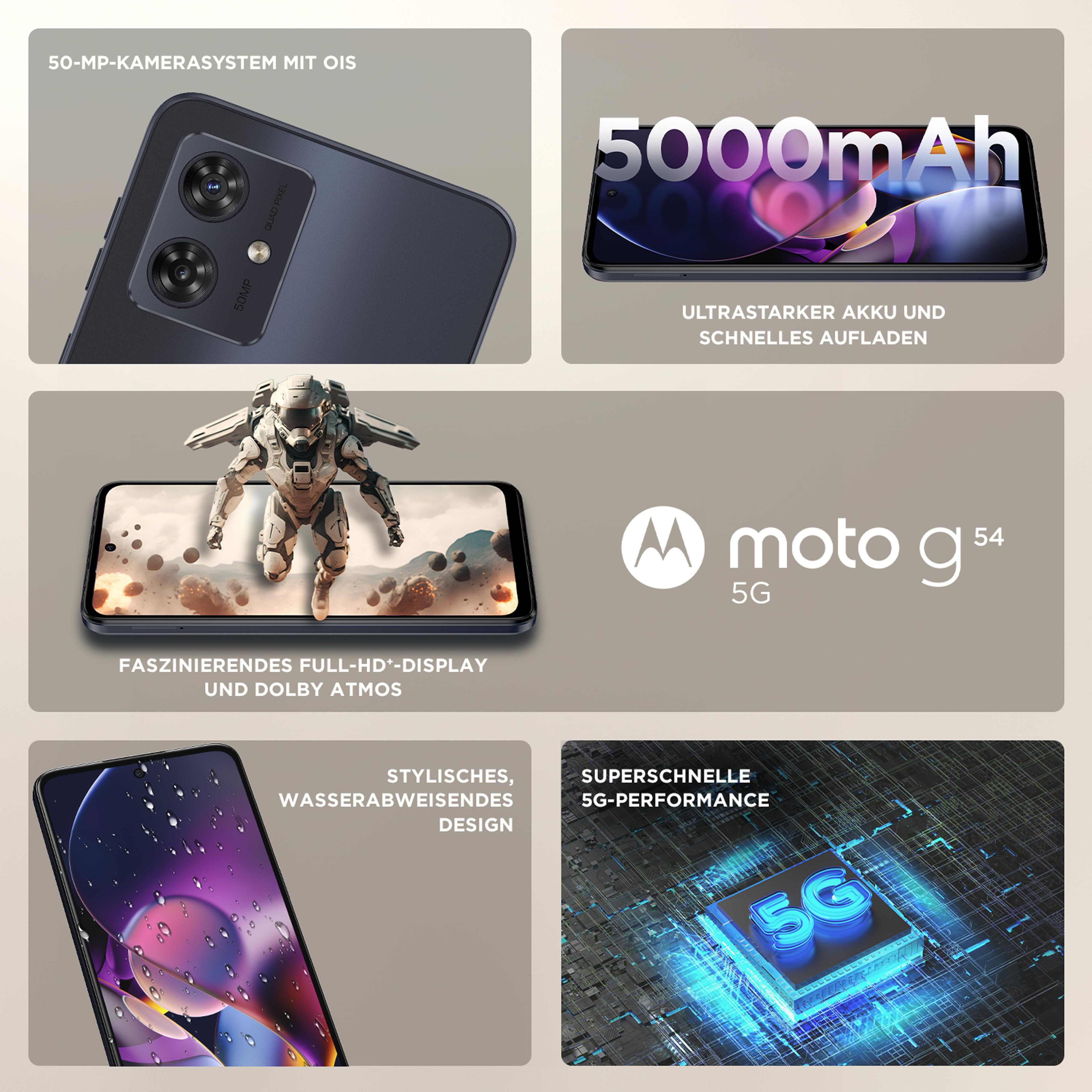 Moto g54 5G Telefon-Features. Zeigt Kamera, Akku, Display und Design.