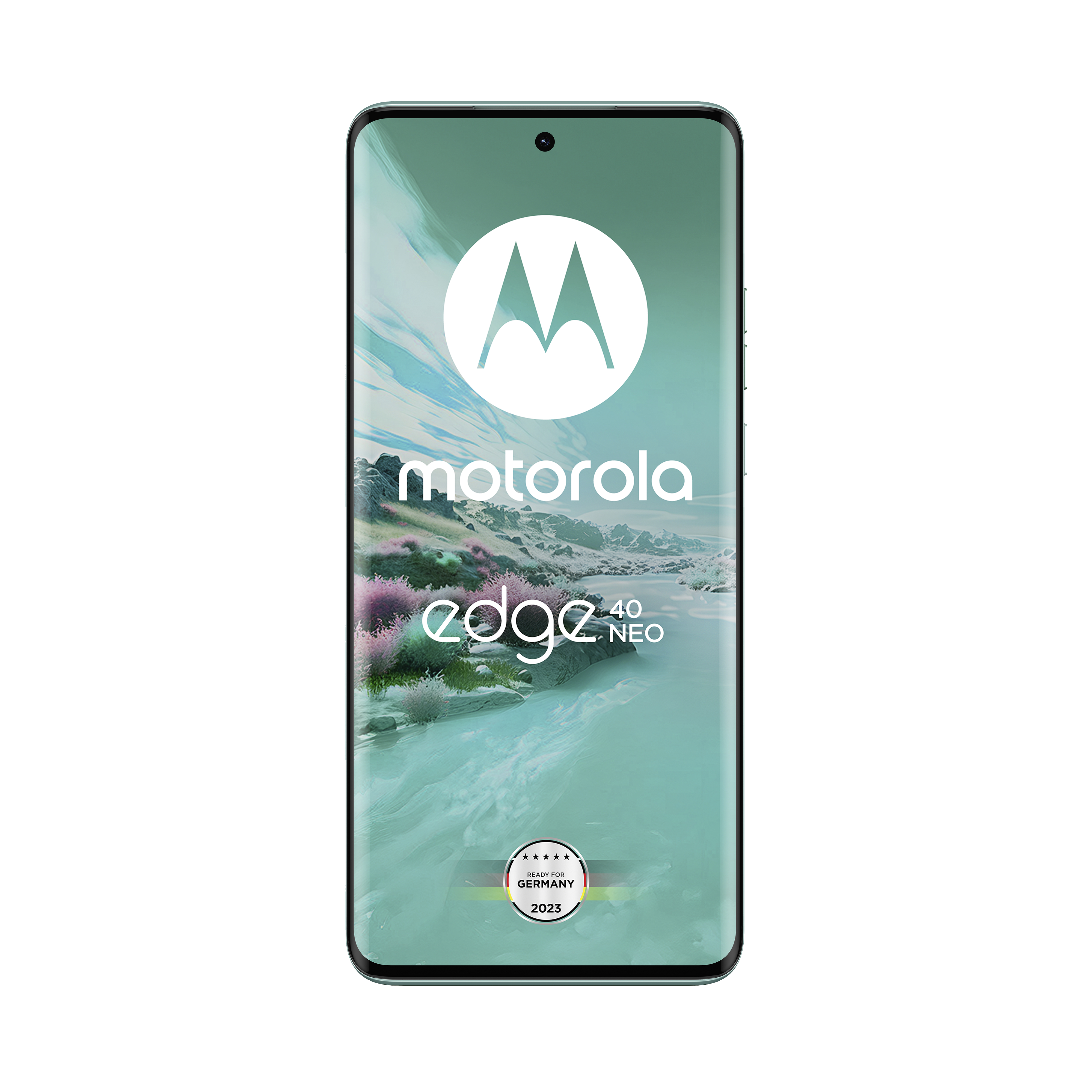 Ein Smartphone zeigt das Motorola Edge 40 Neo Logo und Text auf weißem Hintergrund.
