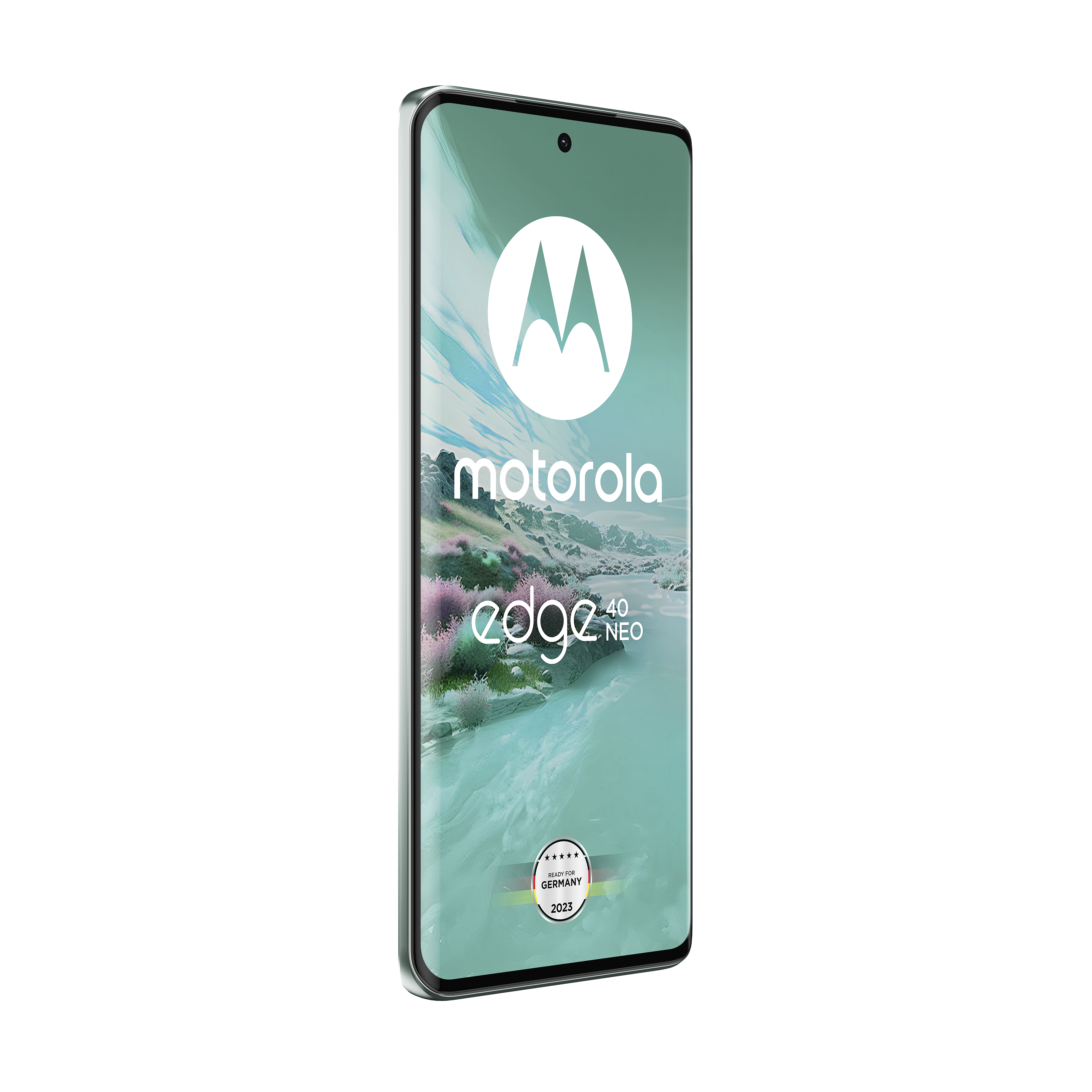 Motorola Edge 40 Neo Telefon auf weißem Hintergrund.