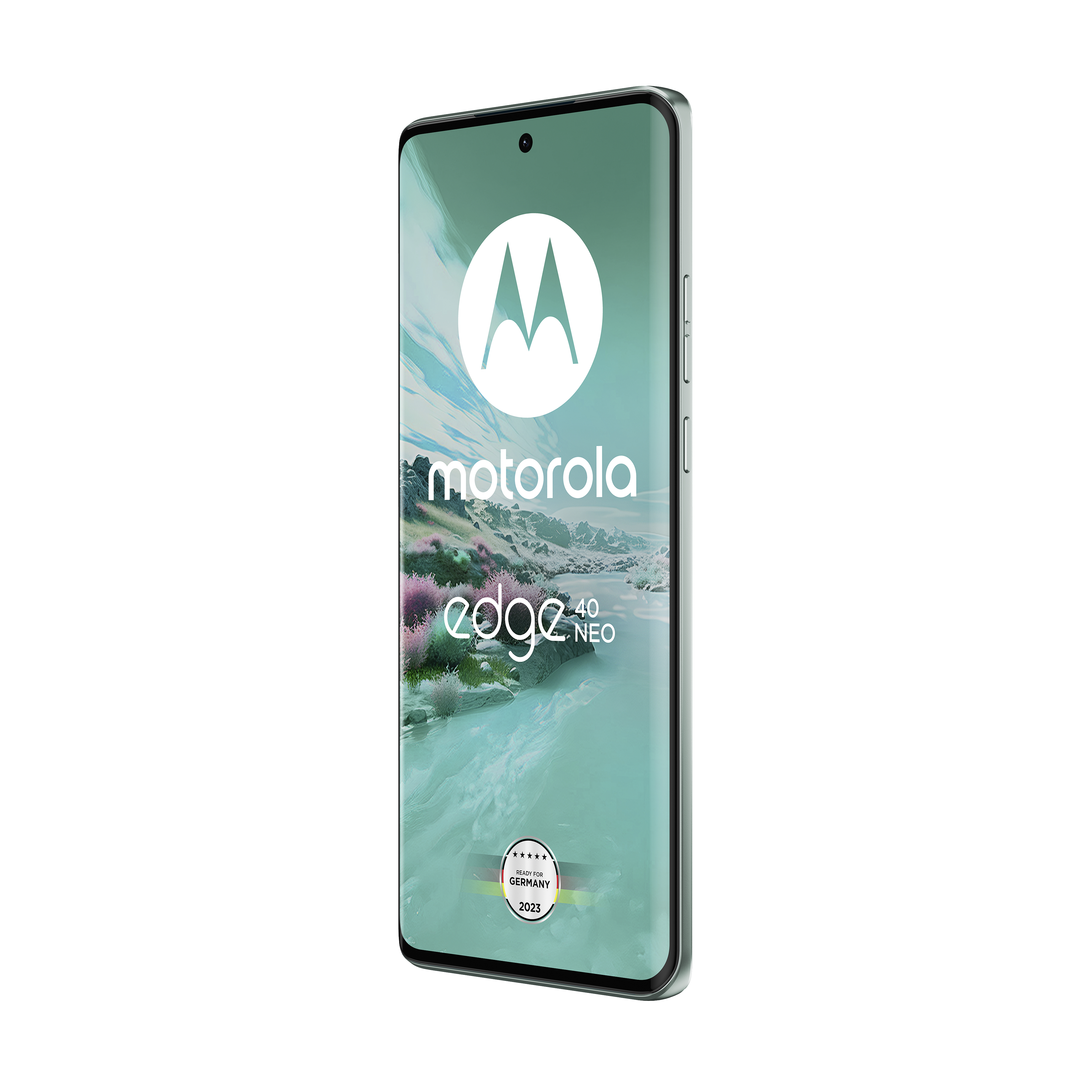 Ein Smartphone mit großem Bildschirm, das das Motorola-Logo und Text zeigt. Das Telefon ist abgewinkelt, mit weißem Hintergrund.