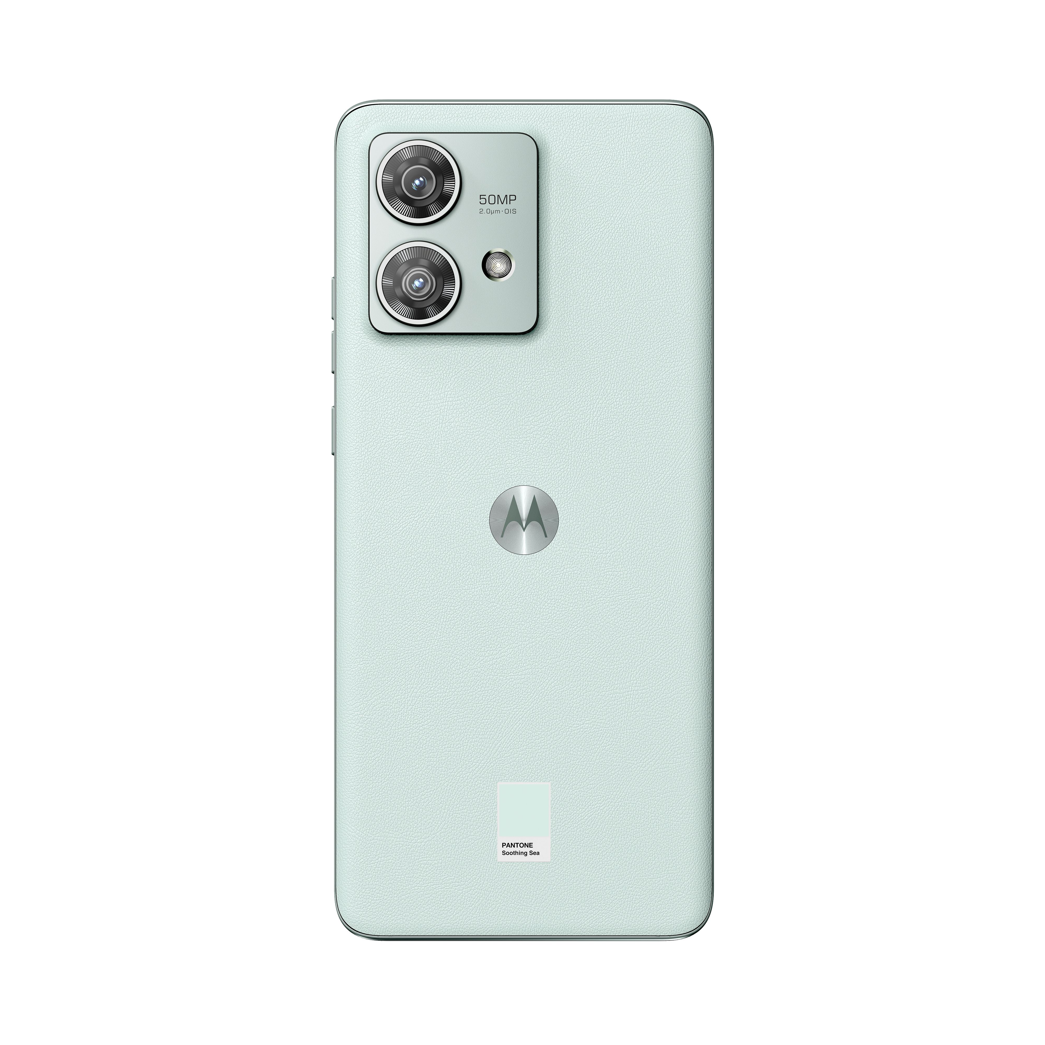 Rückseite des mintgrünen Telefons mit zwei Kameras und Motorola-Logo.