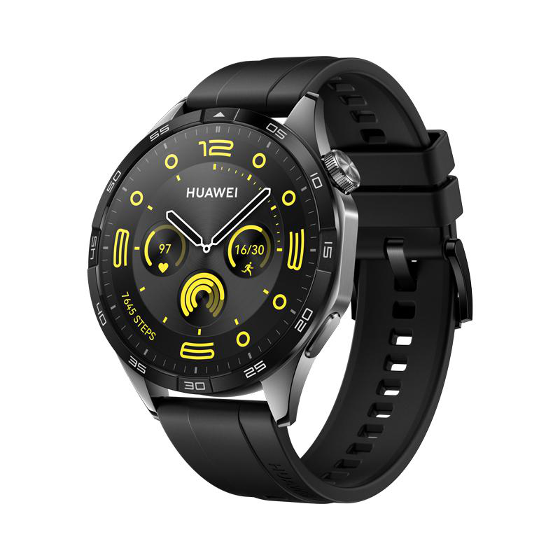 Smartwatch mit schwarzem Armband, das Informationen anzeigt. Huawei-Logo auf dem Zifferblatt.