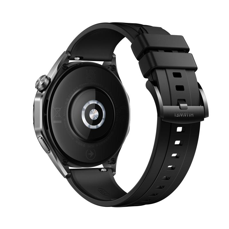 Rückansicht einer schwarzen Smartwatch mit schwarzem Armband. Die Uhr hat Sensoren und Huawei-Branding.