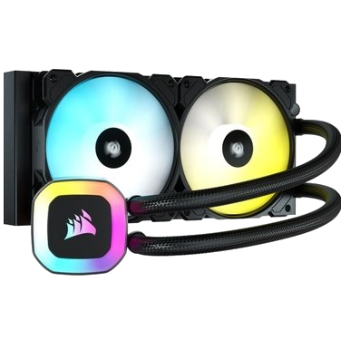 İki fanlı ve pompasında logo bulunan sıvı soğutucu. Fanlarda RGB ışıklar var. Siyah arka plan.