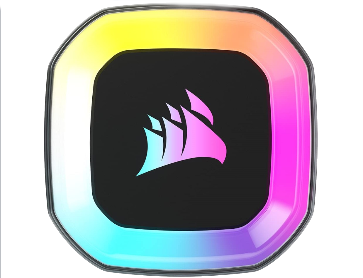 Corsair logosu bulunan kare bir cihaz, renkli, parlayan bir çerçeve ile çevrili.