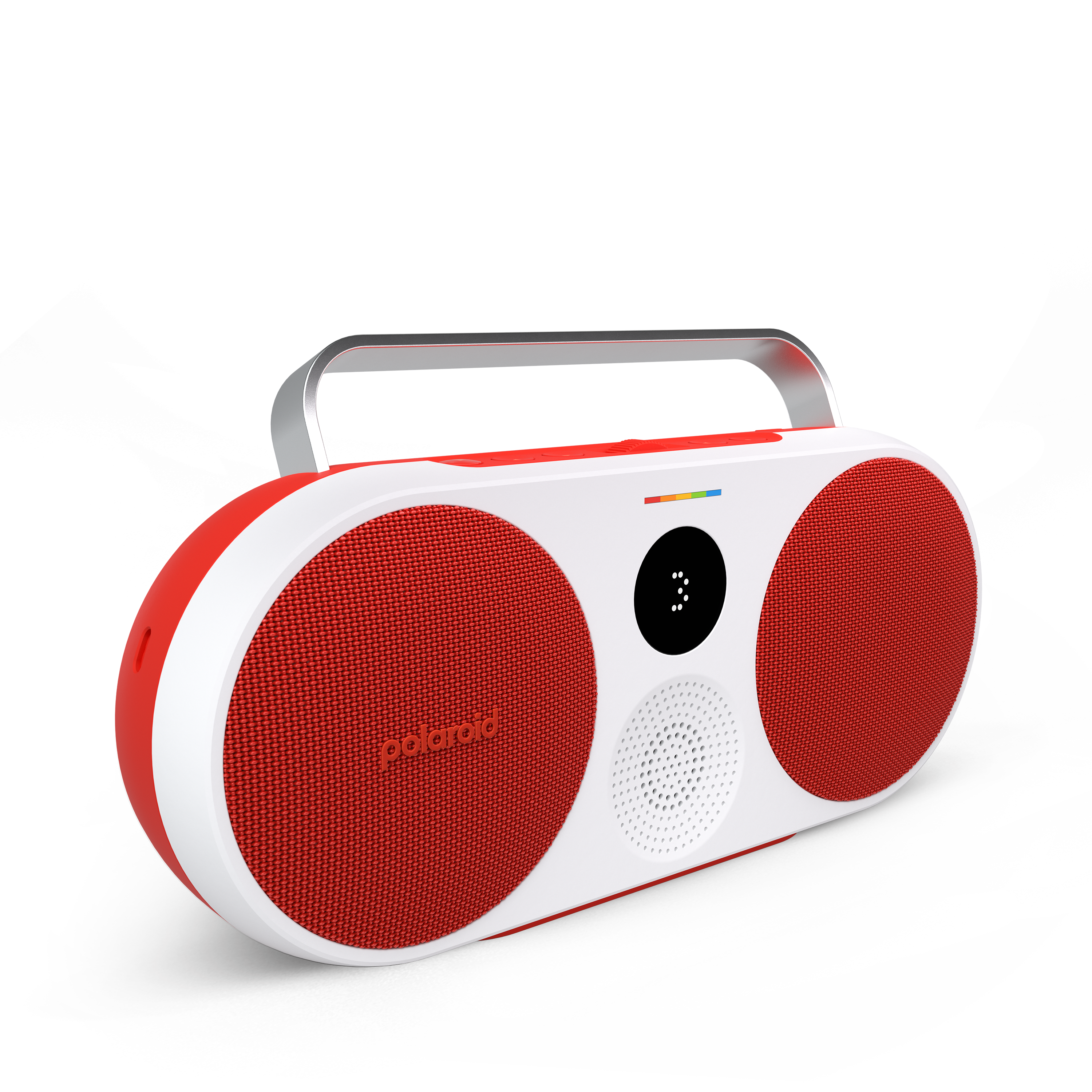 Kırmızı ve beyaz bir Polaroid hoparlör, bir tutamağı var. İki hoparlöre sahip ve Polaroid logosu görünür.