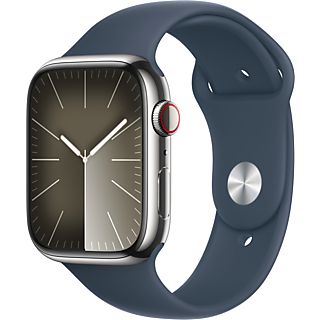 APPLE Watch Series 9 (GPS + Cellular, acciaio inossidabile) 45 mm - Smartwatch (M/L 160-210 mm, Fluoroelastomero, Argento/blu tempesta)