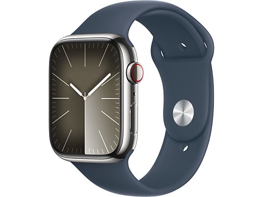 APPLE Watch Series 9 (GPS + cellulare, acciaio inossidabile) 45 mm - Smartwatch (M/L 160-210 mm, fluoroelastomero, argento/blu tempesta)