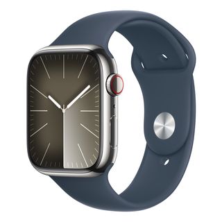 APPLE Watch Series 9 (GPS + Cellular, acier inoxydable) 45 mm - Smartwatch (S/M 140-190 mm, Fluorélastomère, Silver/Storm Blue)