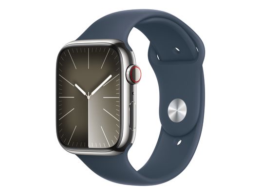 APPLE Watch Series 9 (GPS + Cellular, acier inoxydable) 45 mm - Smartwatch (S/M 140-190 mm, Fluorélastomère, Silver/Storm Blue)