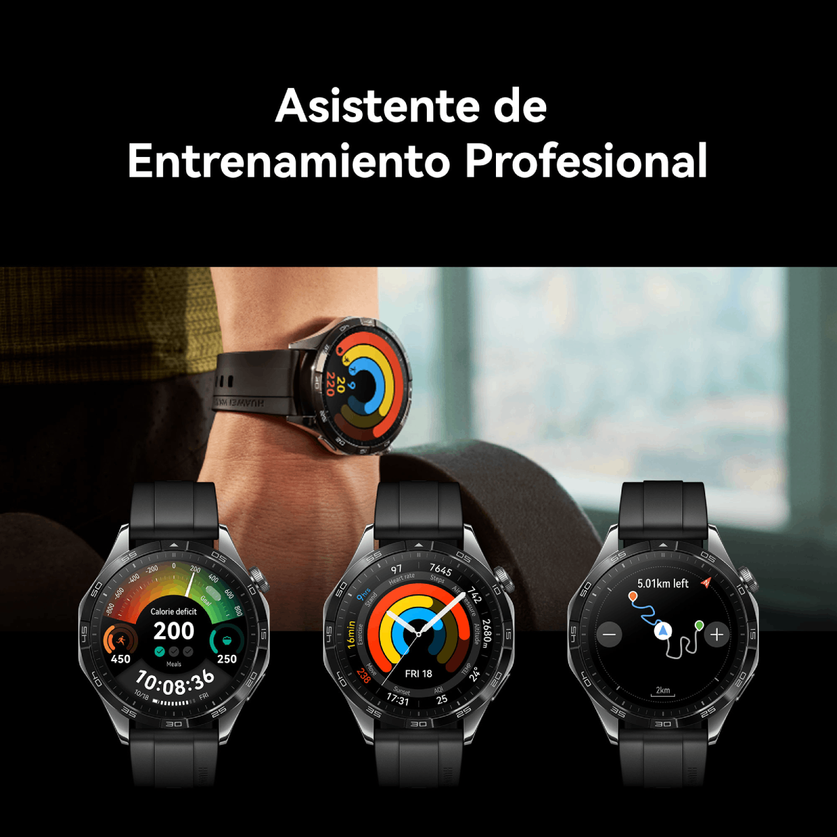 Smartwatches mostrando datos de fitness. Tres relojes con correas negras. Fondo negro.