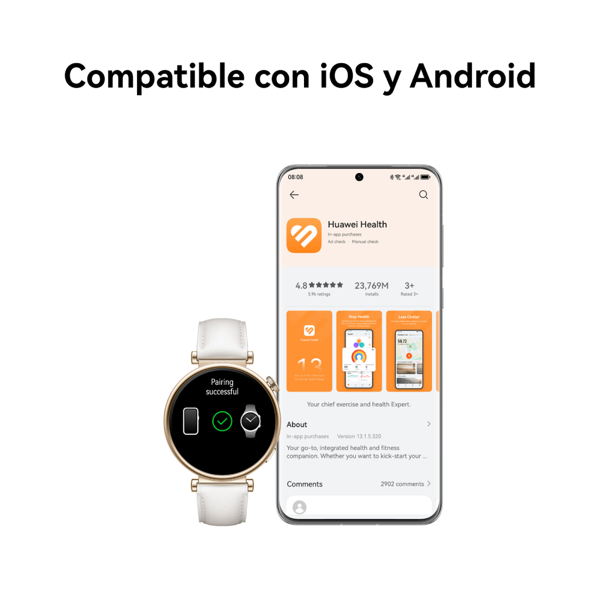 Un smartwatch y una pantalla de teléfono. La pantalla muestra una app de salud con detalles del reloj.