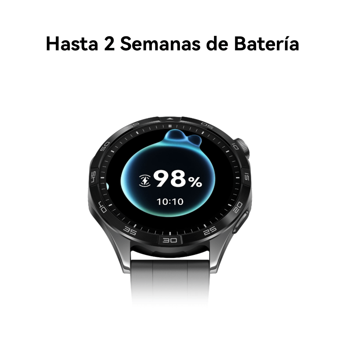 Primer plano de la pantalla de un smartwatch con un 98% de batería, con bisel y correa negros.