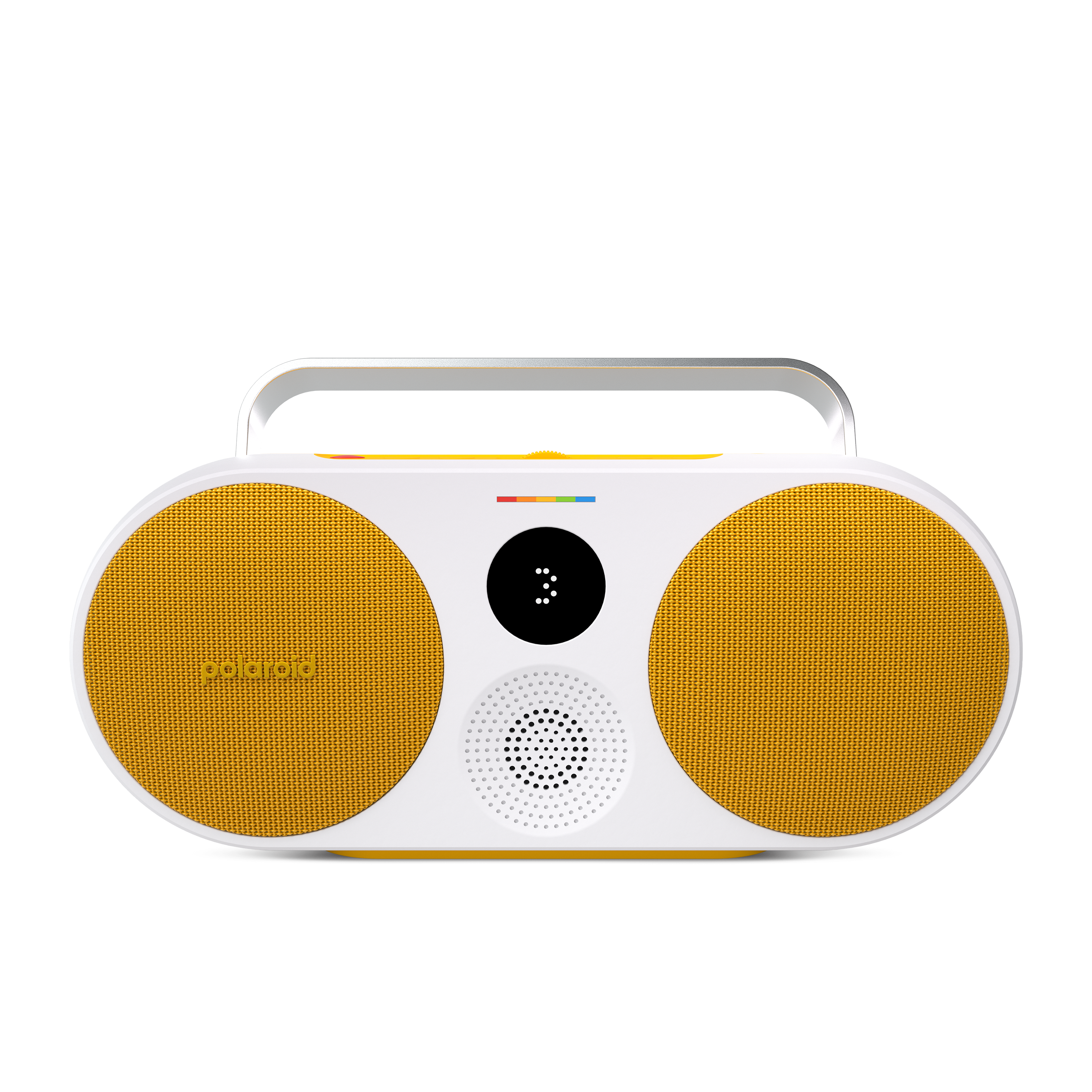 Beyaz ve sarı bir Polaroid hoparlör. İki dairesel hoparlörü ve bir kontrol paneli var. Siyah arka plan.