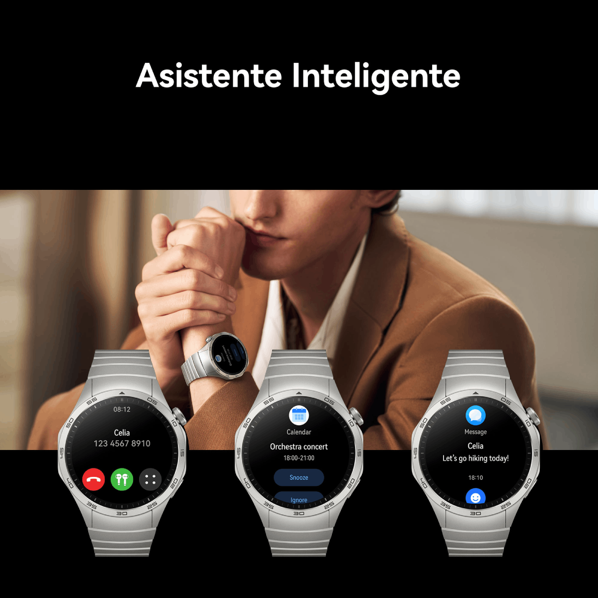 Relojes inteligentes mostrando notificaciones sobre un fondo negro, con un hombre en medio.