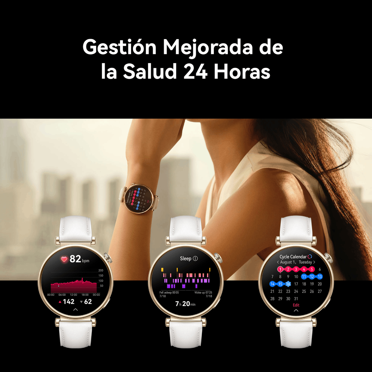 Tres smartwatches con datos de salud mostrados. Texto sobre salud.