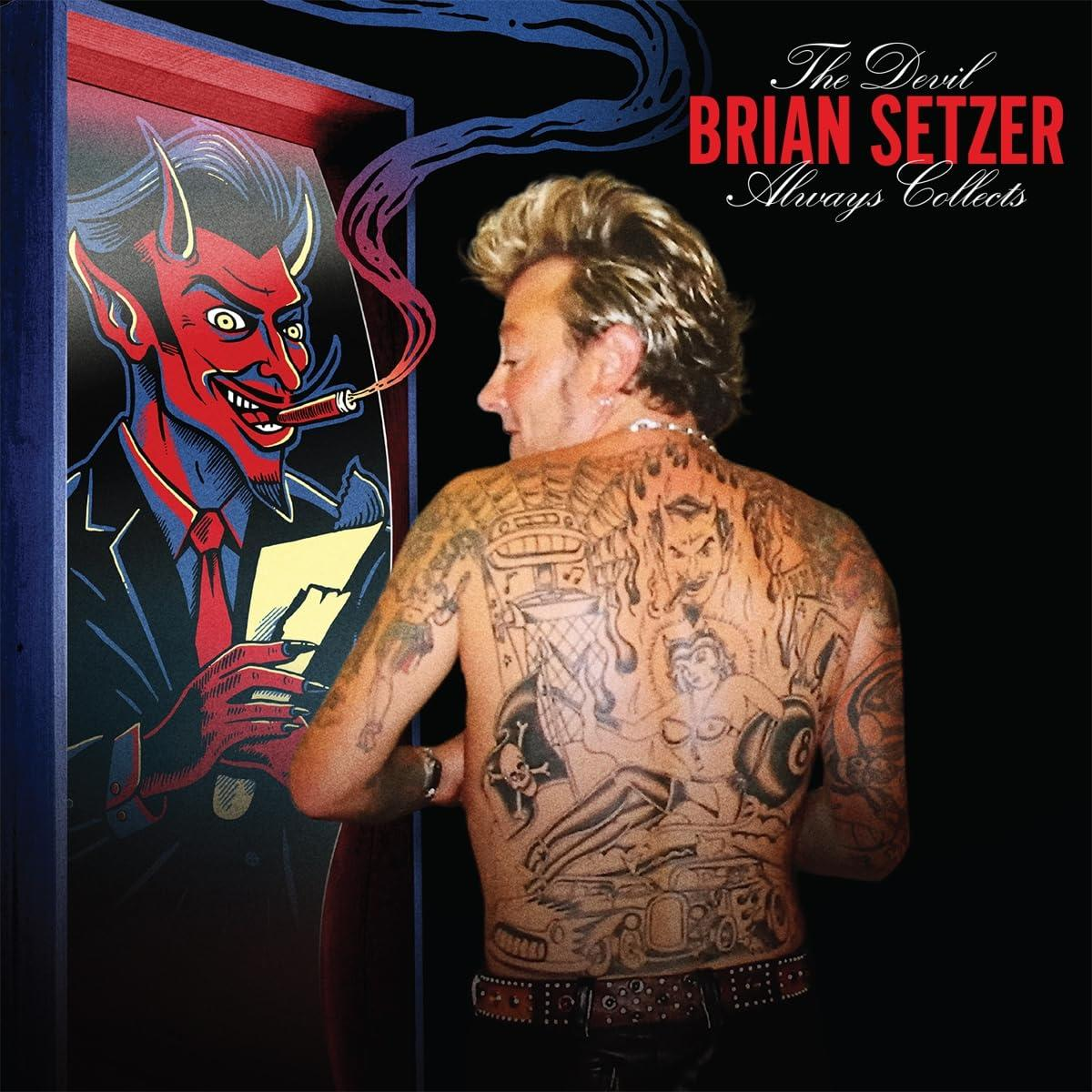 Pochette d'album avec le dos tatoué d'un homme, le diable et le titre 'The Devil Always Collects'.