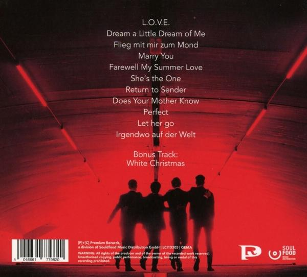 Albumcover mit Titelliste und Silhouetten von vier Personen, die in einem rot beleuchteten Tunnel gehen.