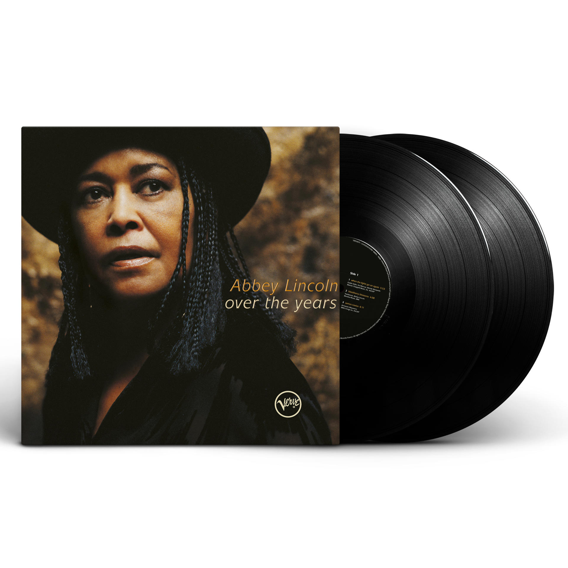 Abbey Lincoln Albumcover und zwei schwarze Schallplatten auf weißem Hintergrund.