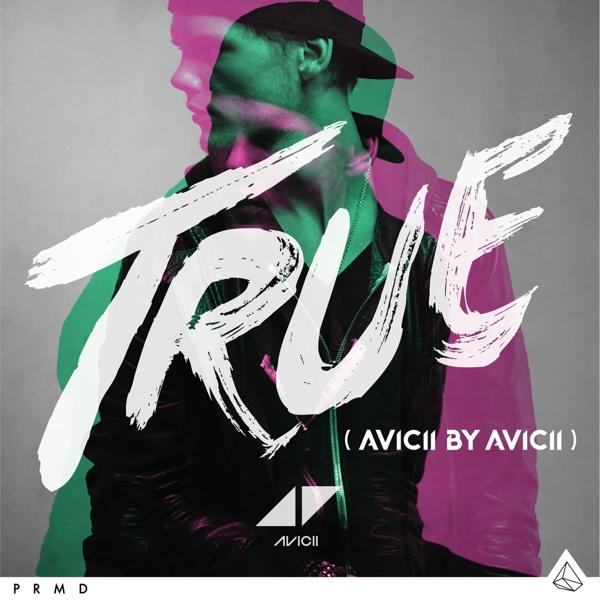 Albumcover von Aviciis 'TRUE'. Das Wort TRUE ist weiß über einem geschichteten Bild einer Person.