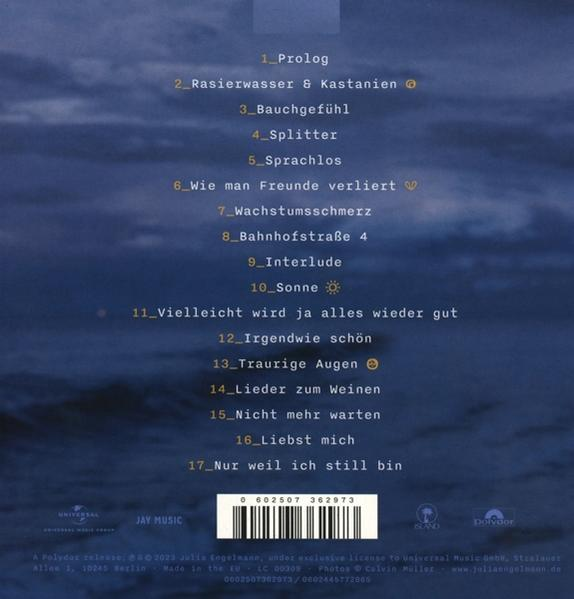 CD-Cover mit einer Liste von Songtiteln. Der Hintergrund hat eine blaue Farbverlauf.