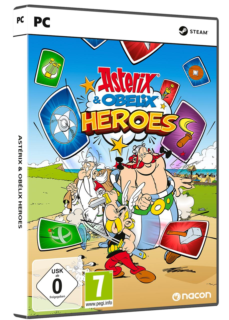 Asterix & Obelix Heroes PC-Spielbox-Art. Mit Asterix, Obelix und verschiedenen Spielelementen.