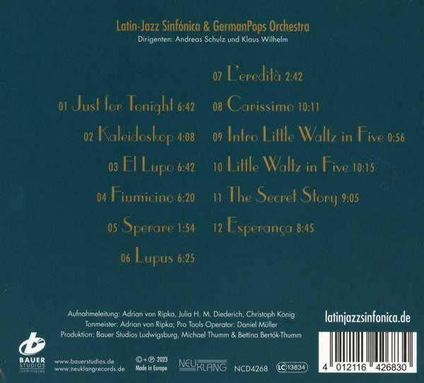 CD-Rückseite mit Titellisten und Künstlerinformationen für Latin-Jazz Sinfónica & GermanPops Orchestra.