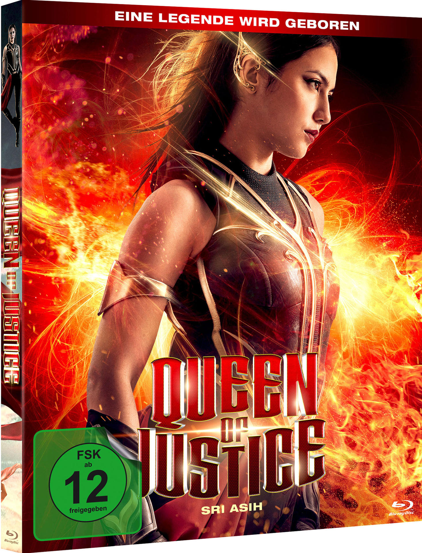 Filmcover für 'Queen of Justice' mit Frau in Rüstung und Flammen. Inklusive Altersfreigabe.