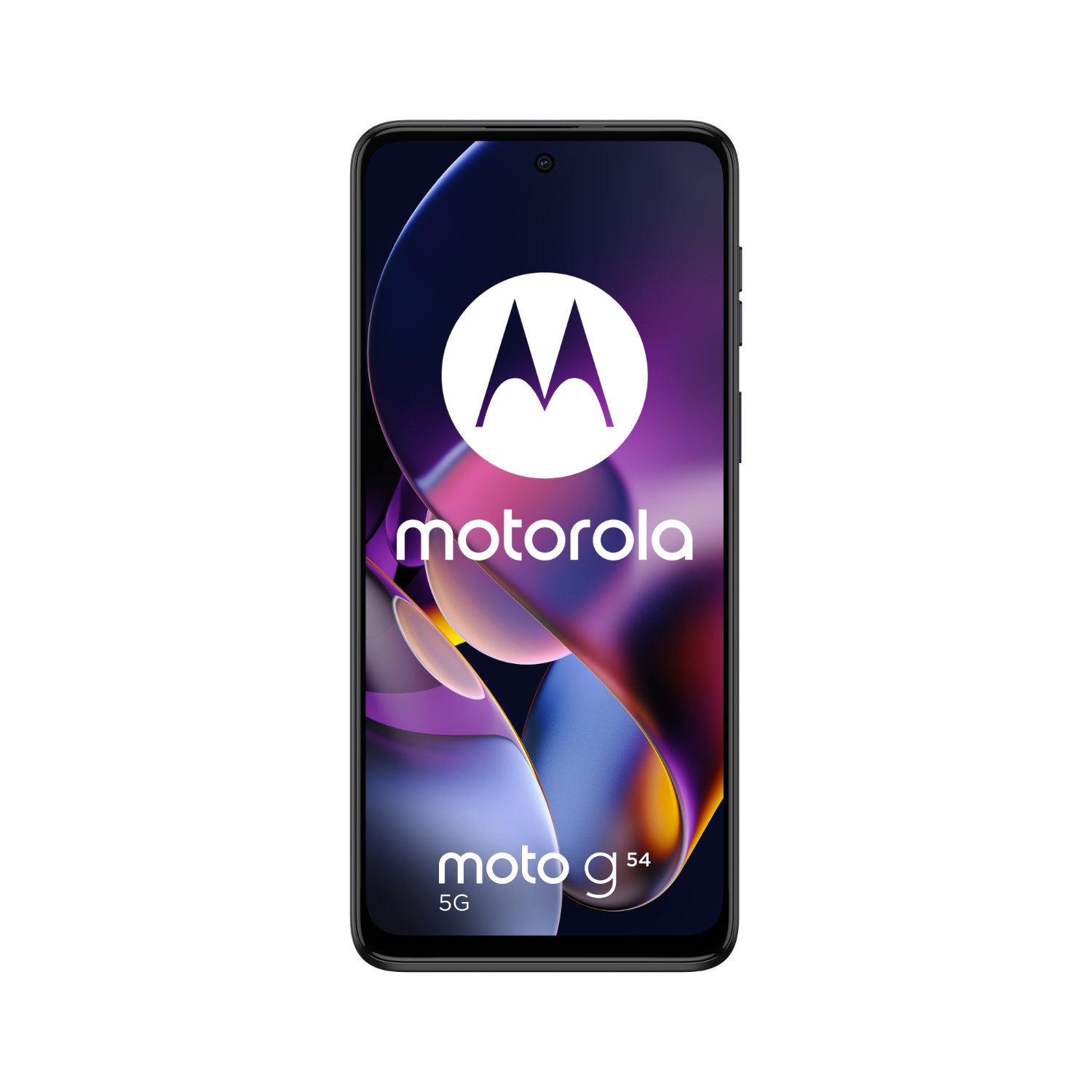 Motorola Moto G54 5G smartphone met het Motorola-logo en een kleurrijke achtergrond op een zwarte achtergrond.