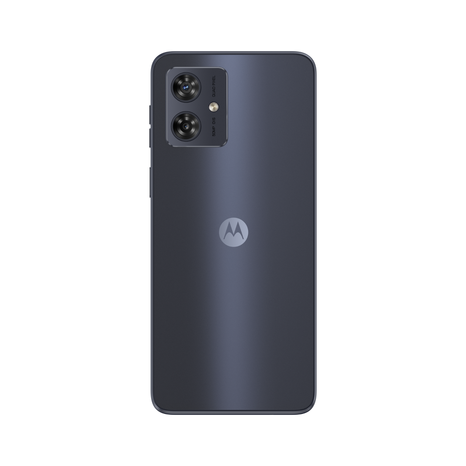 Donkerblauwe Motorola-telefoon, achterkant met dubbele camera's en logo op zwart.