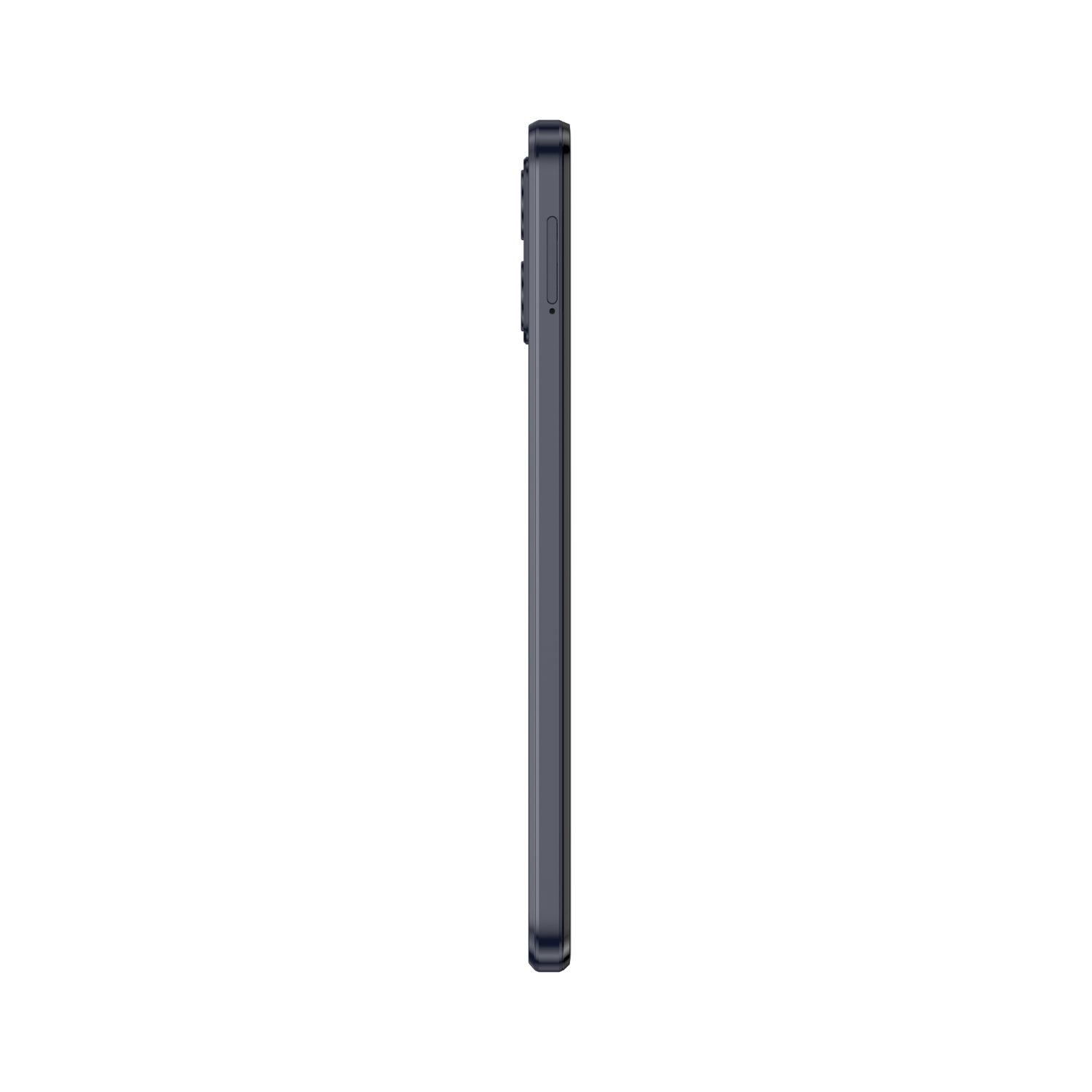Zijaanzicht van een donkerblauwe smartphone, met een aan/uit-knop en volumeknoppen op een zwarte achtergrond.