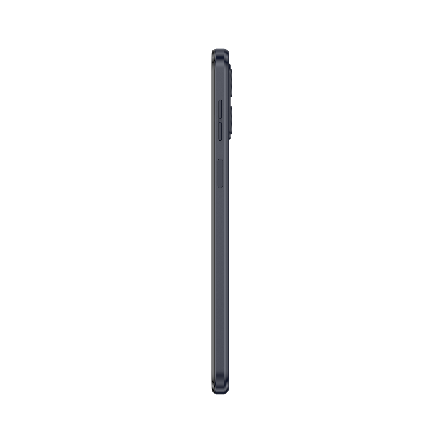 Zijprofiel van een smartphone. De telefoon is donkerblauw, met knoppen en een camerabult zichtbaar op een zwarte achtergrond.