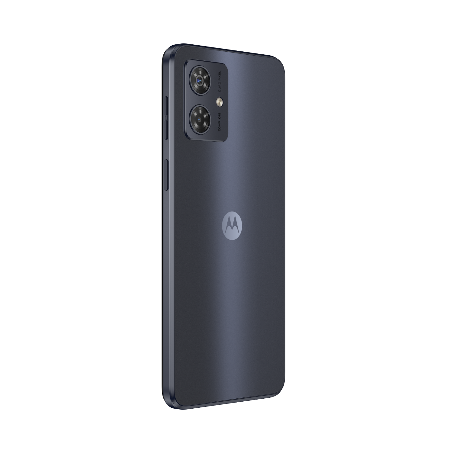 Een donkerblauwe Motorola-telefoon wordt tegen een zwarte achtergrond getoond. De camera en het logo zijn zichtbaar.