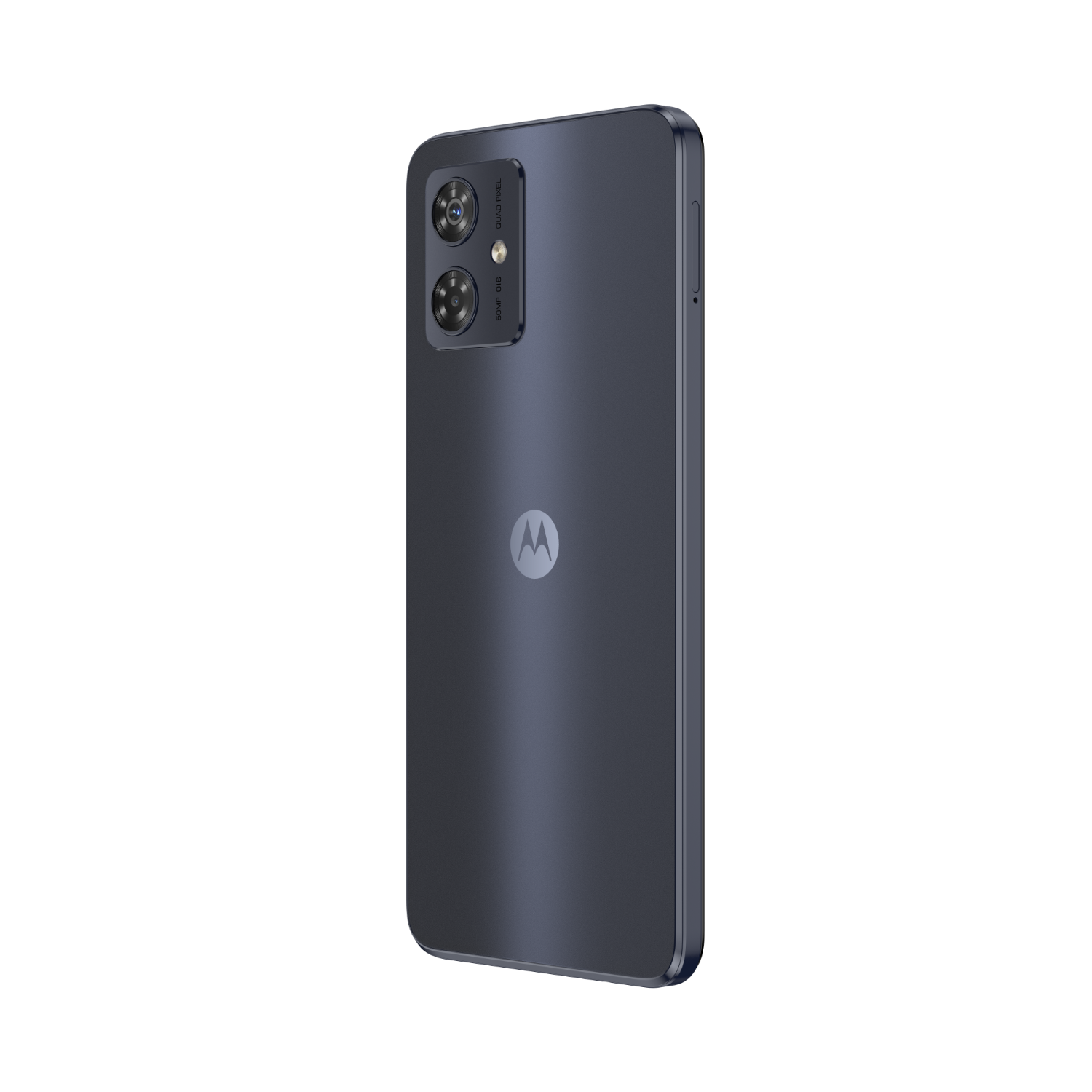 Achterkant van een donkerblauwe Motorola smartphone, met camera's en logo, tegen een zwarte achtergrond.