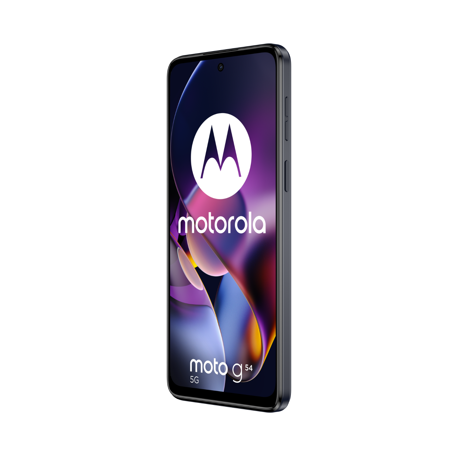 Een Motorola-telefoon in een donkere omgeving, met het Motorola-logo en de tekst Moto g54 5G.