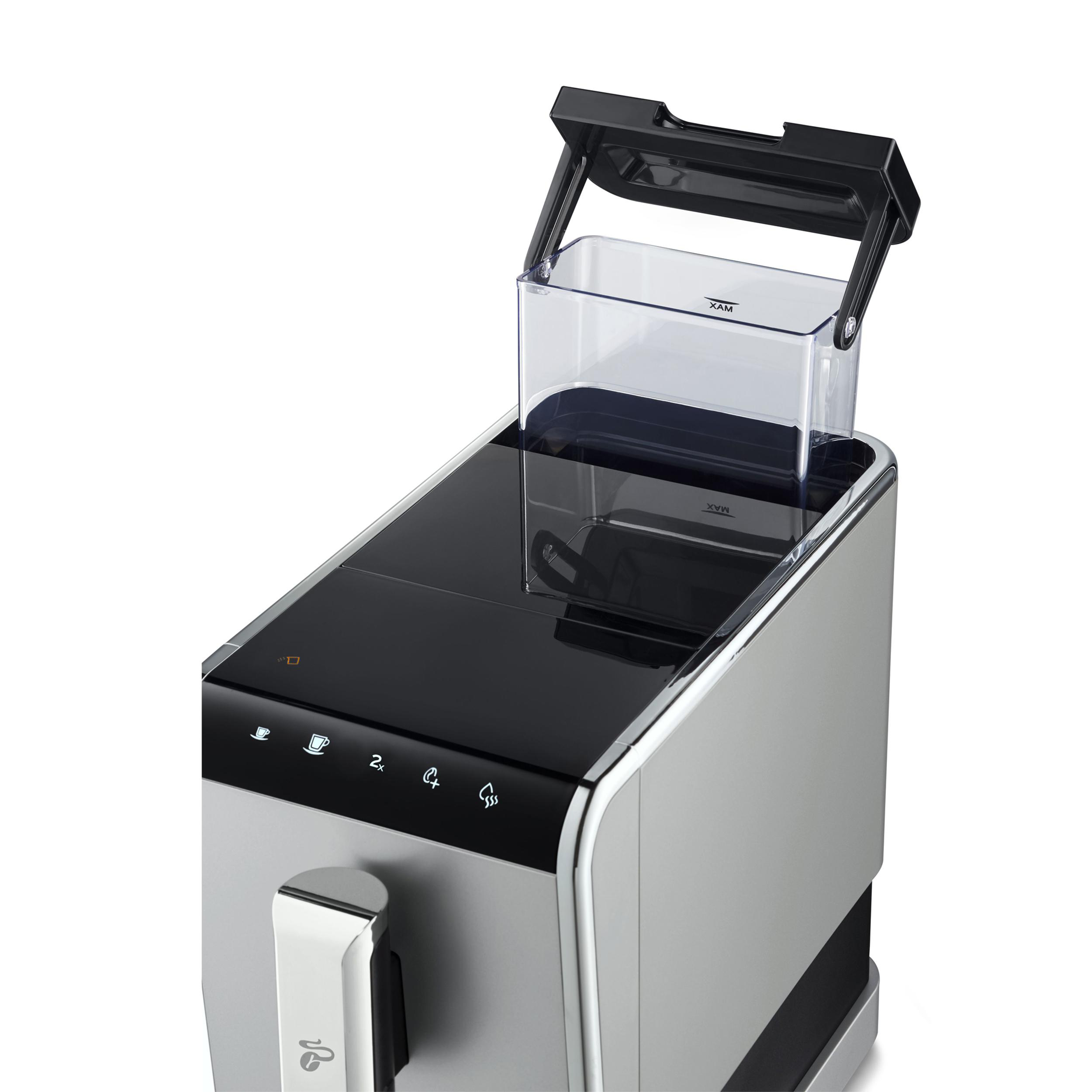 Kaffeemaschine mit geöffnetem Wassertank, zeigt das Innere des Tanks.