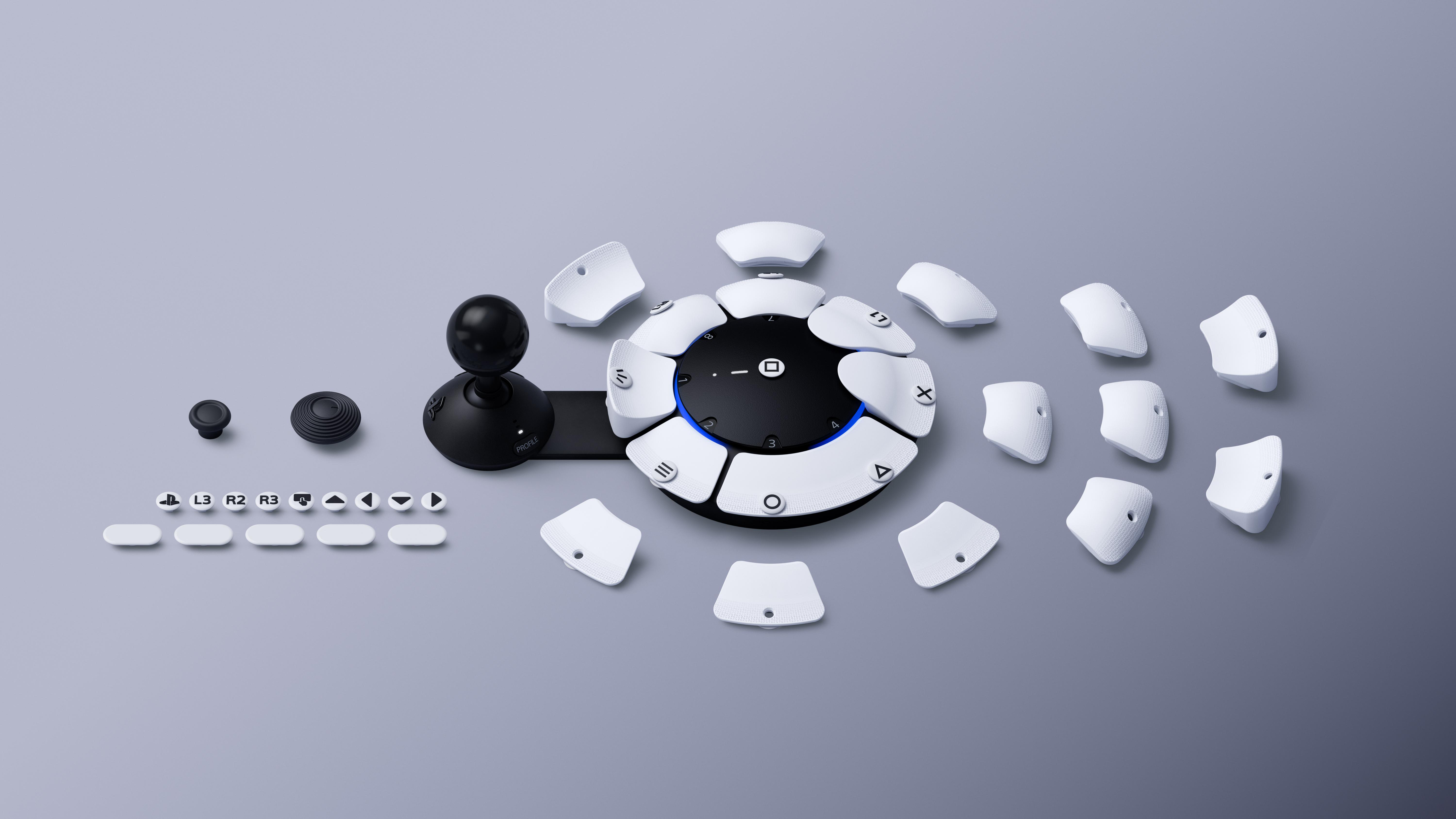 Ein Gaming-Controller mit modularen Tasten und einem Joystick. Die Tasten und der Joystick sind weiß.