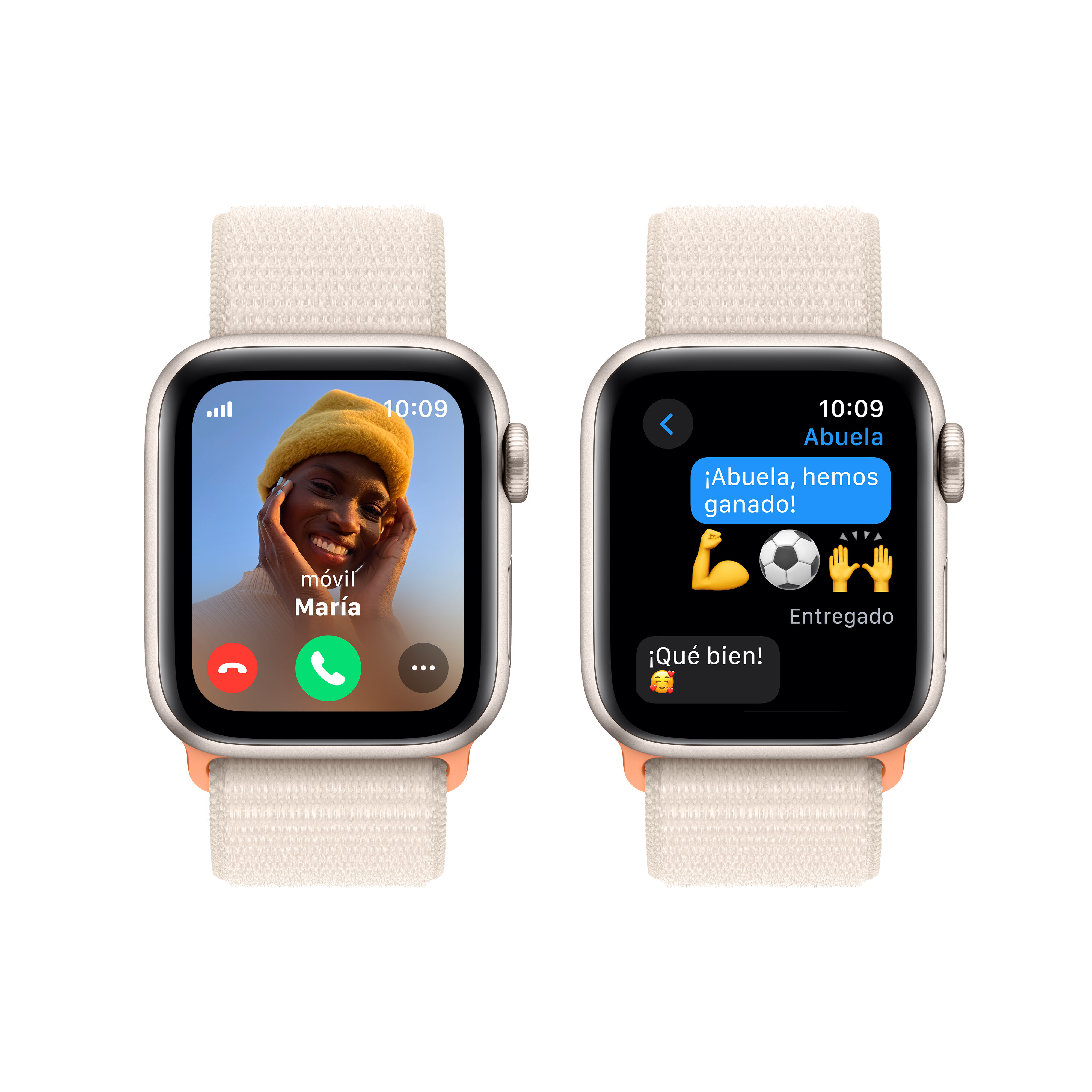 Dos Apple Watch, uno con pantalla de videollamada, otro con conversación de texto. Correas beiges.