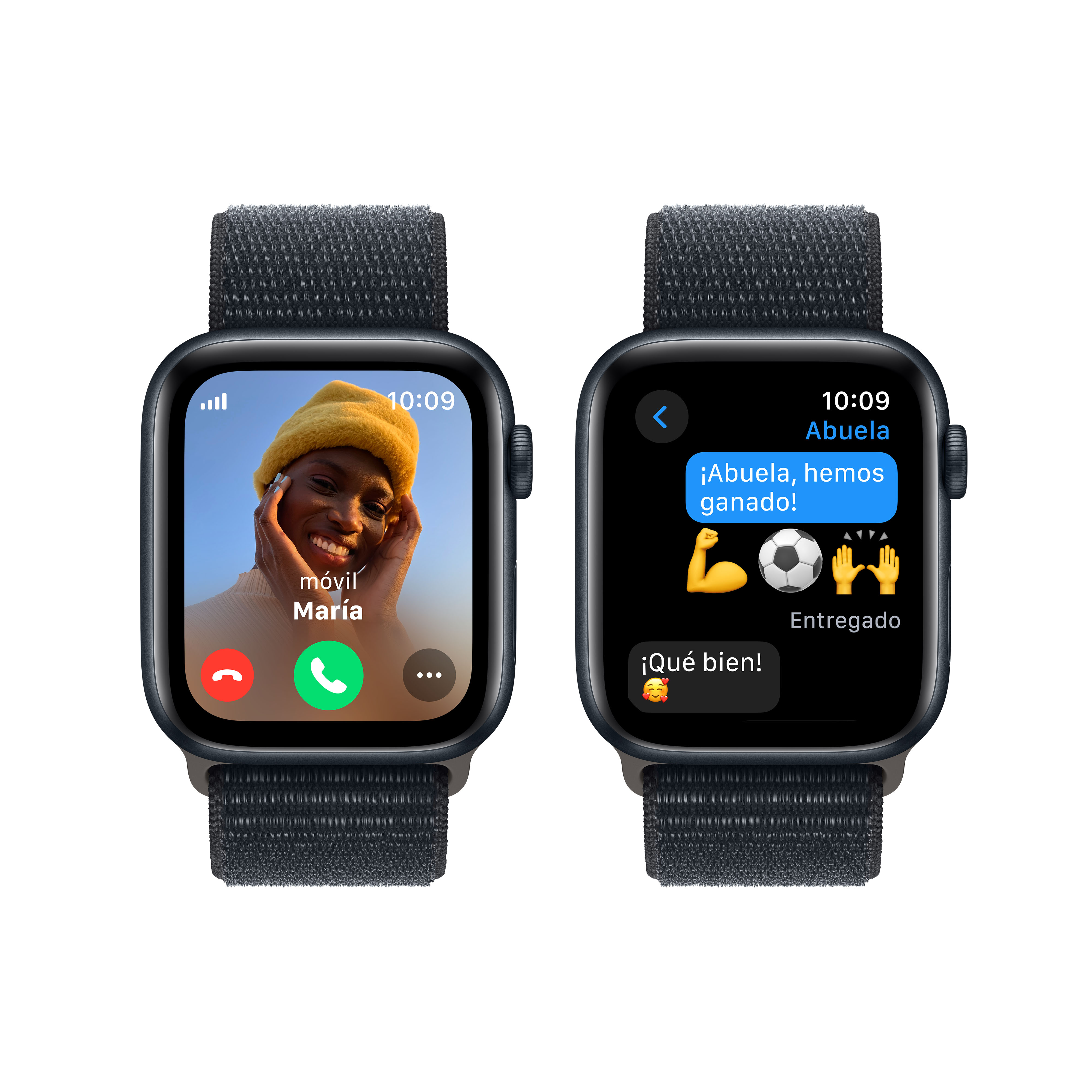 Dos Apple Watch mostrando una llamada telefónica y una conversación de texto con emojis.