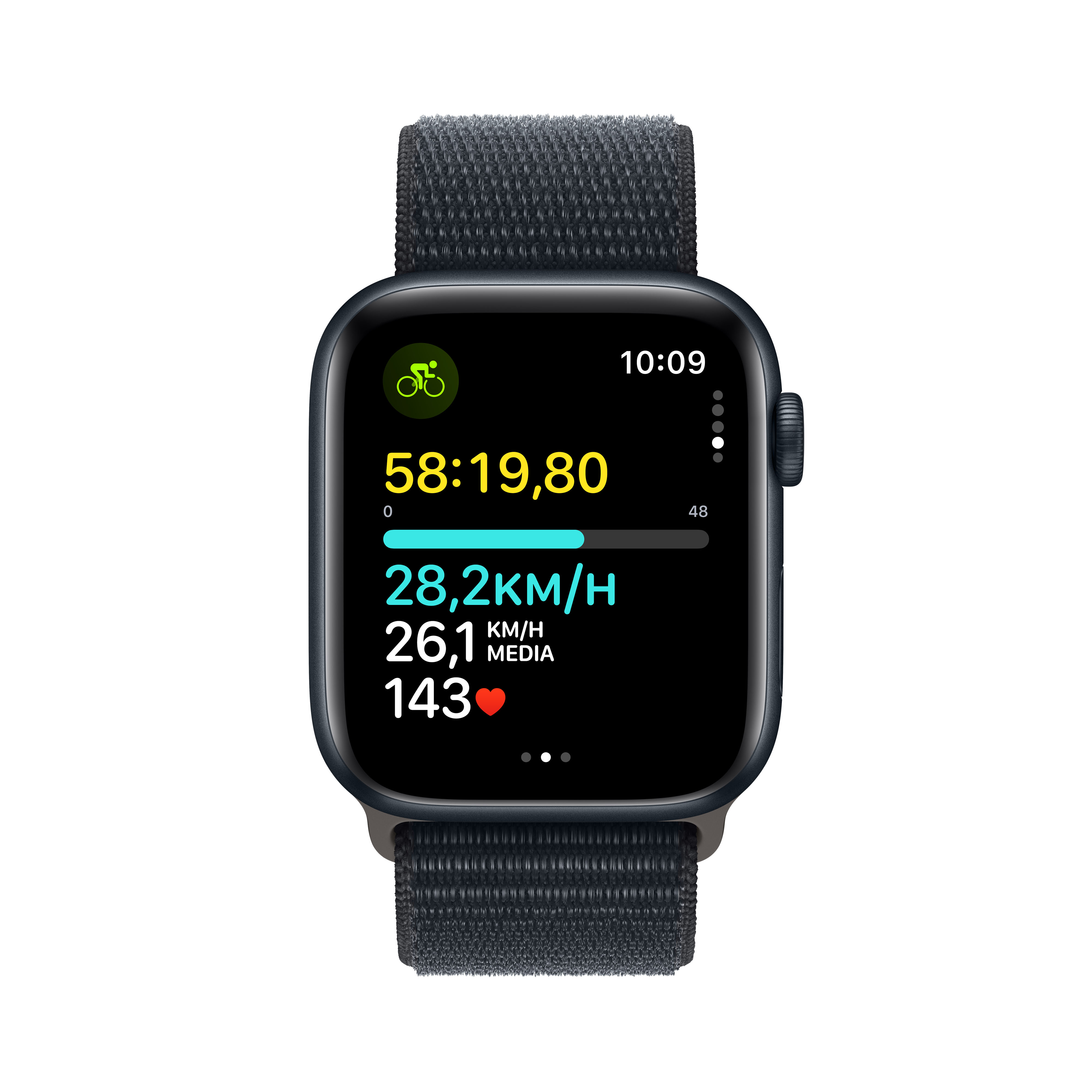 Apple Watch con correa gris oscuro que muestra la actividad de ciclismo: velocidad, frecuencia cardíaca y tiempo.