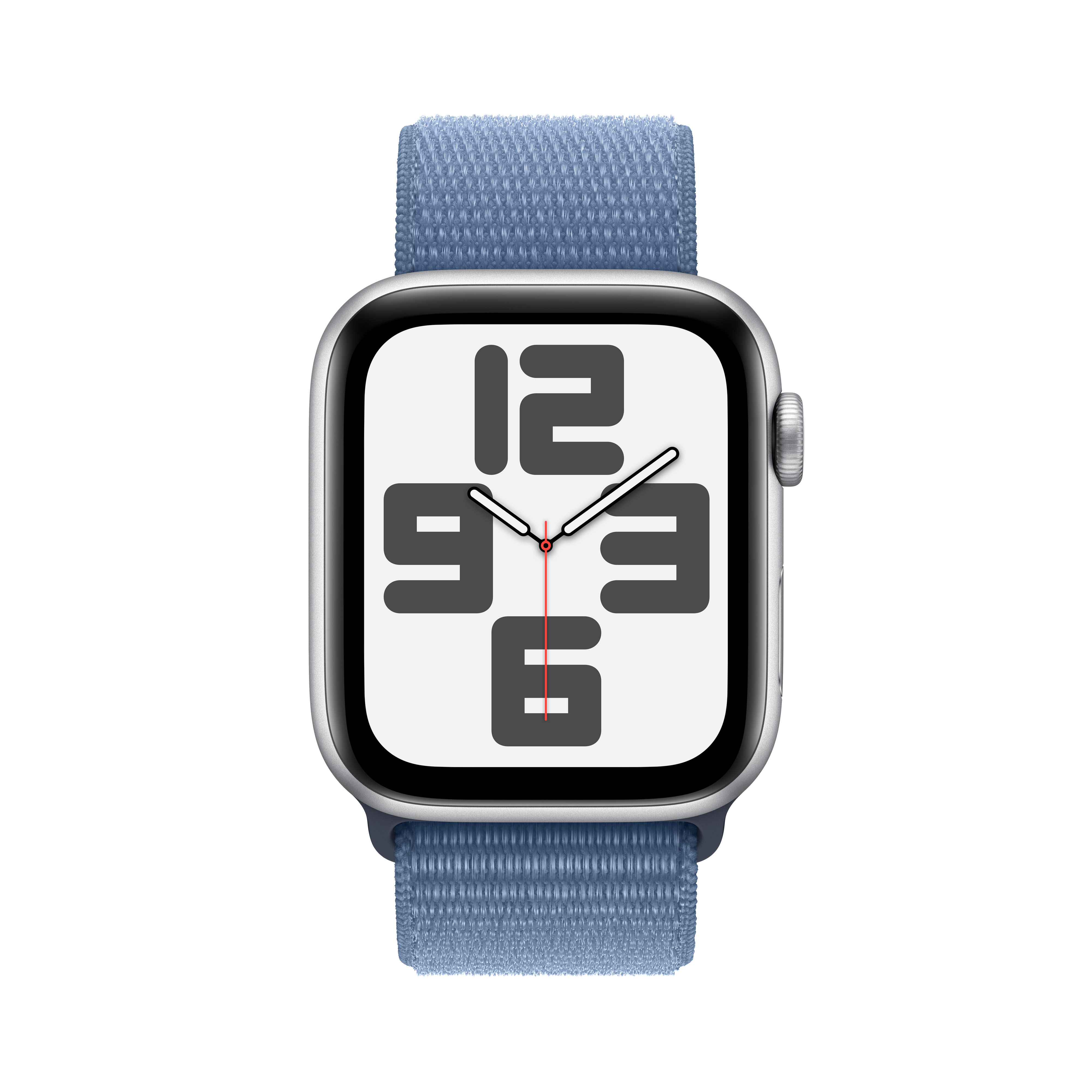 Un Apple Watch con correa de tela azul, mostrando una esfera digital.