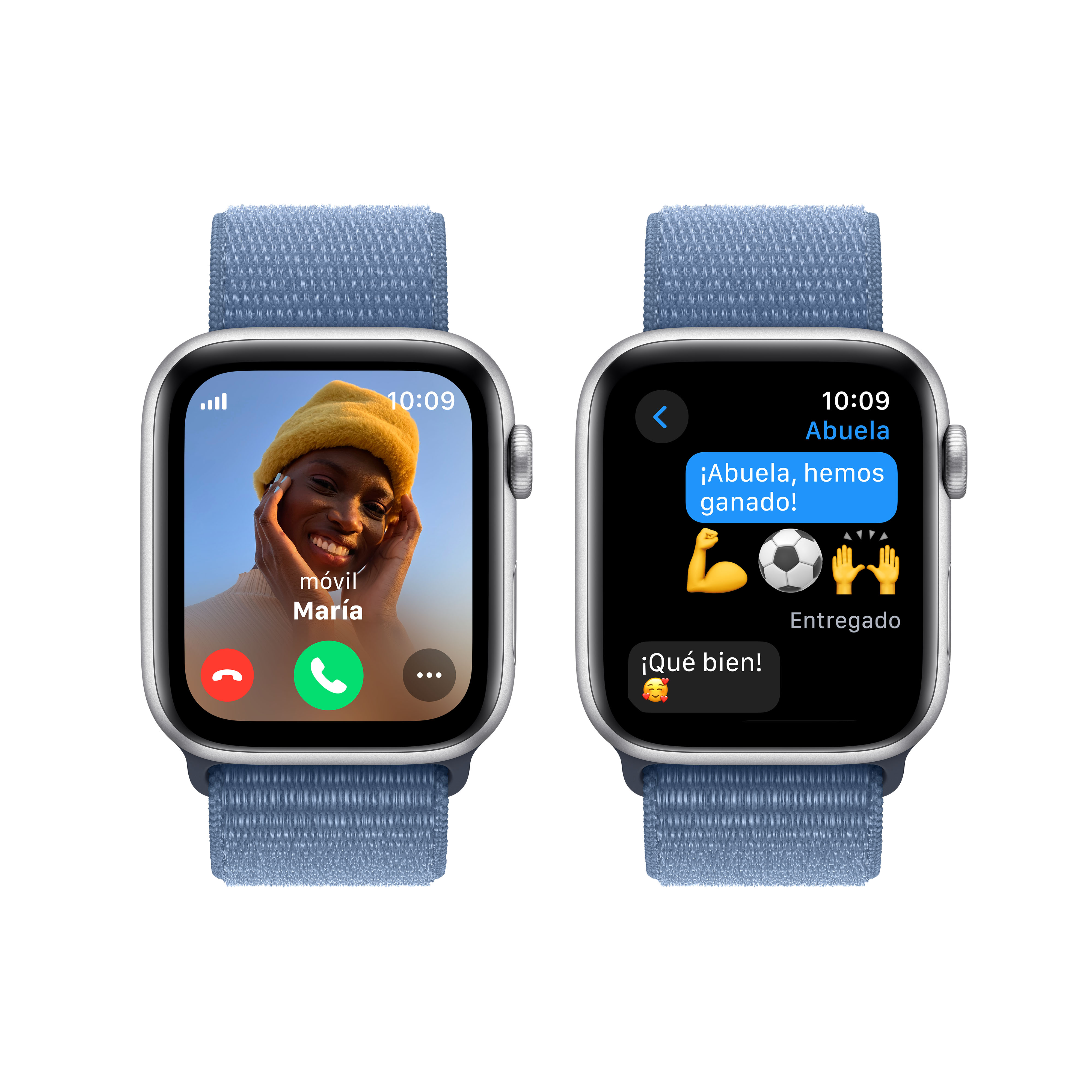 Dos smartwatches muestran una videollamada y una conversación de mensajes de texto. El fondo es blanco.