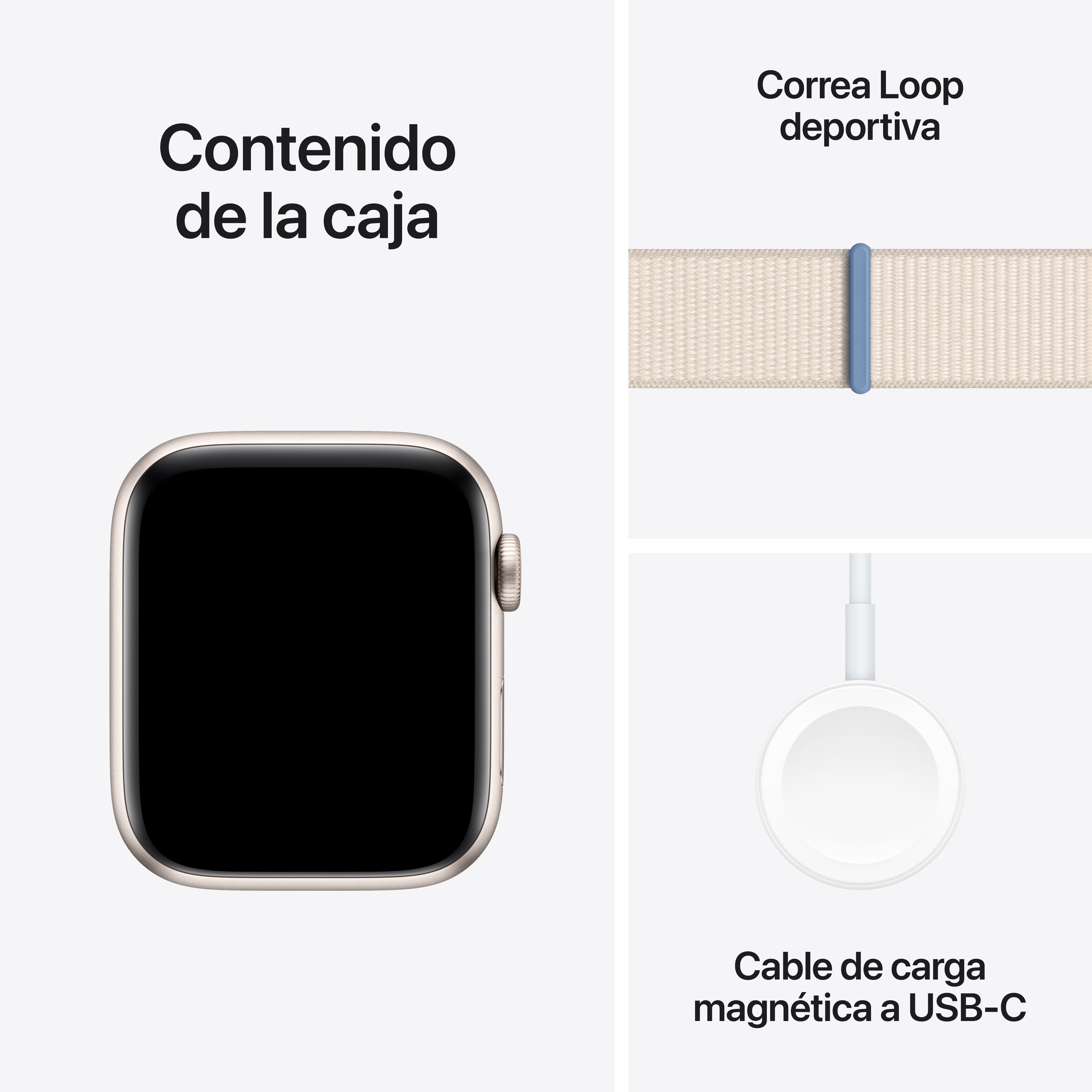 Se muestra un Apple Watch, una correa de lazo deportivo y un cable de carga USB-C.