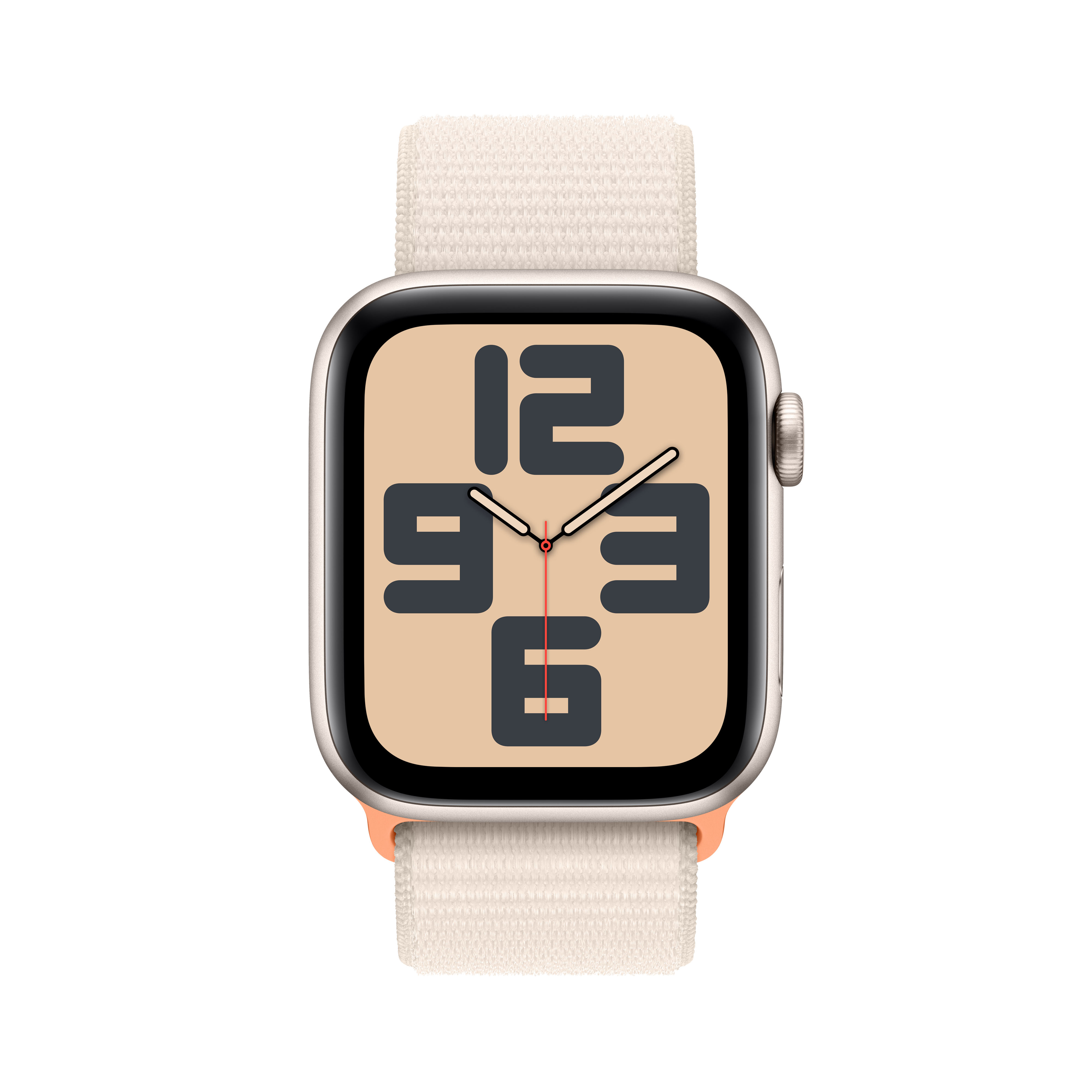 Un smartwatch con correa beige claro y pantalla oscura mostrando una esfera con números en negrita.