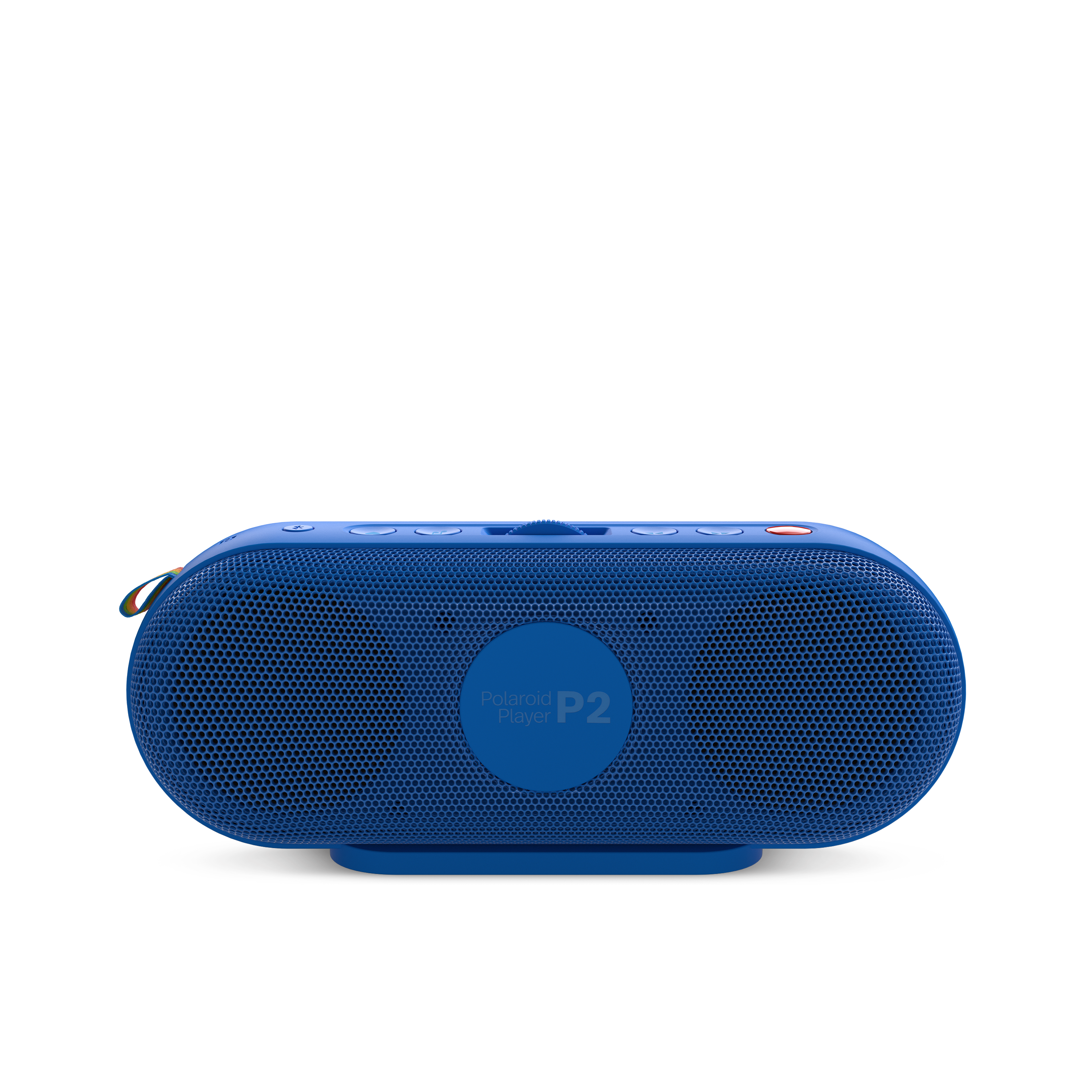Mavi Polaroid P2 hoparlör, oval şekilli, düğmeler ve bir kayış ile.